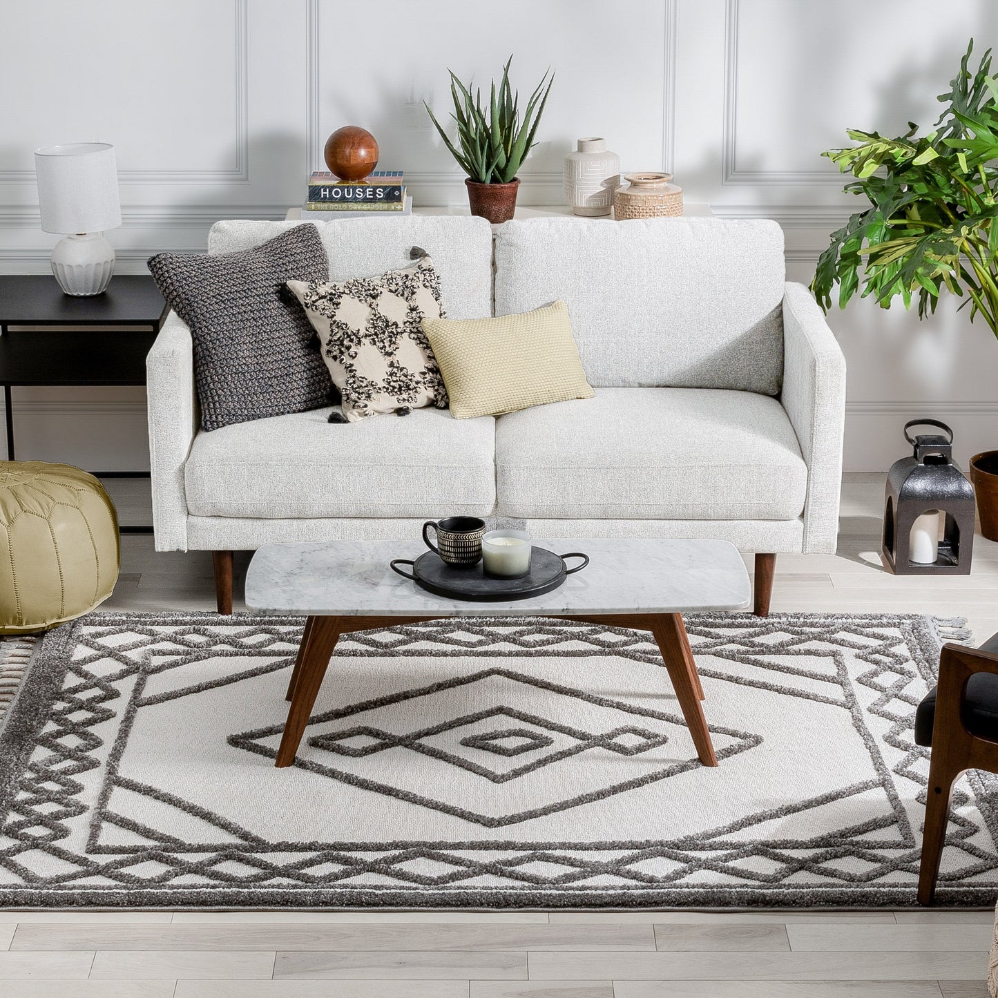 Everly Tribal Trellis Diamond Pattern Ivory Grey High-Low Textured Rug SAL-32