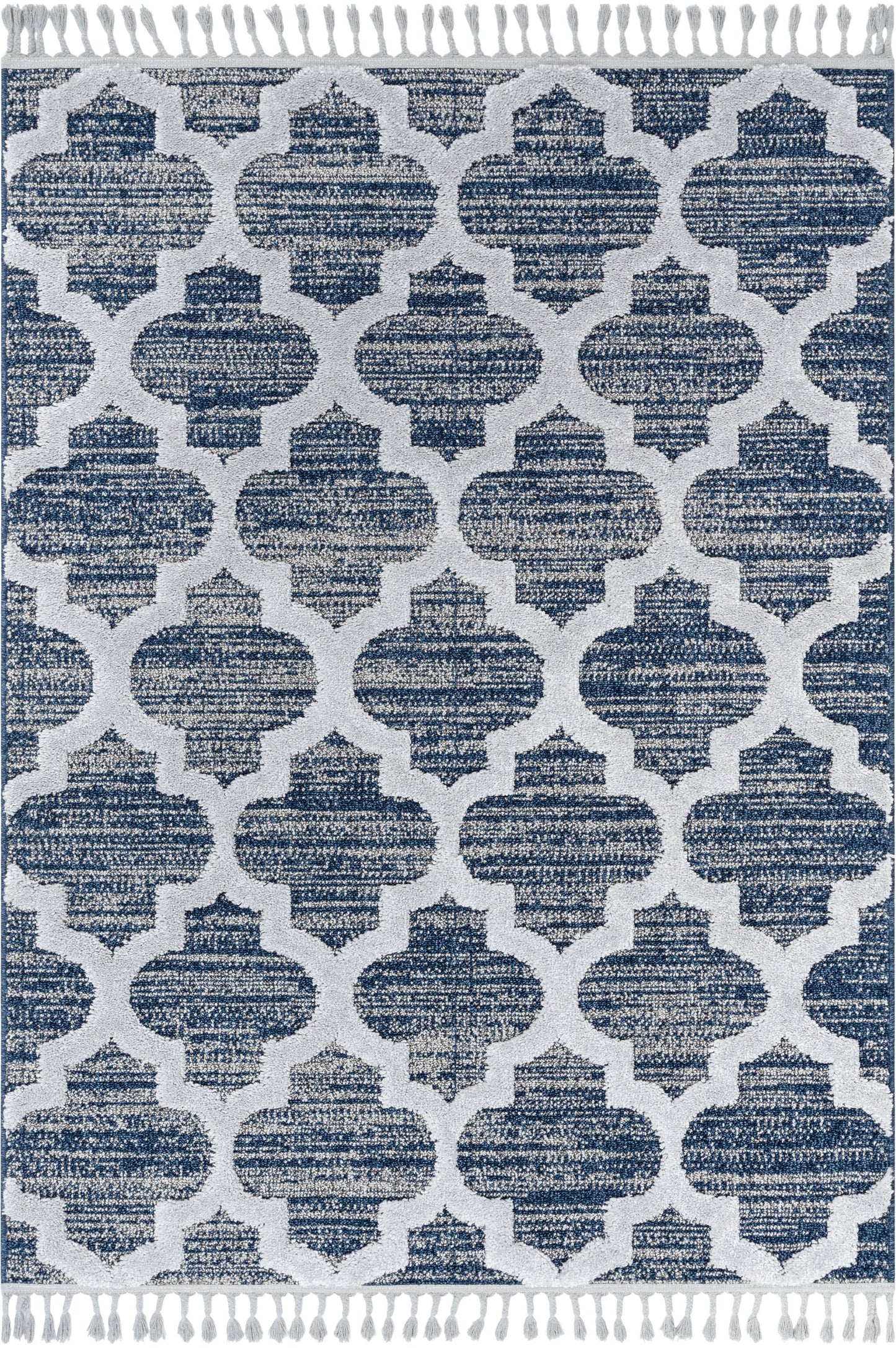 Avery Moroccan Lattice Trellis Navy Blue Grey High-Low Textured Rug SAL-64