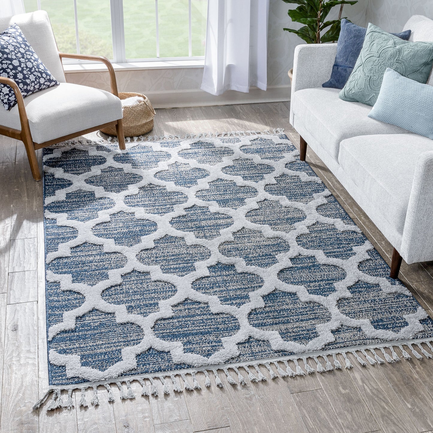 Avery Moroccan Lattice Trellis Navy Blue Grey High-Low Textured Rug SAL-64