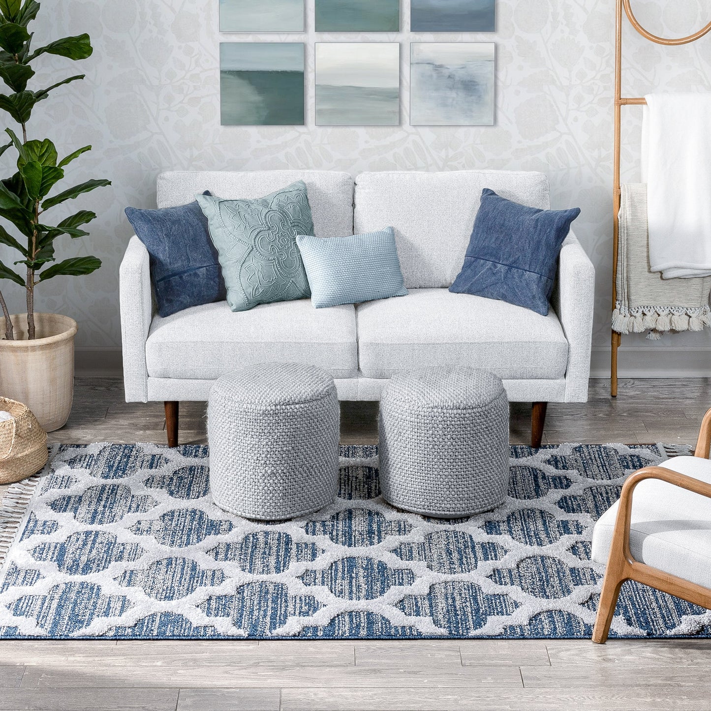 Avery Moroccan Lattice Trellis Navy Blue Grey High-Low Textured Rug SAL-64