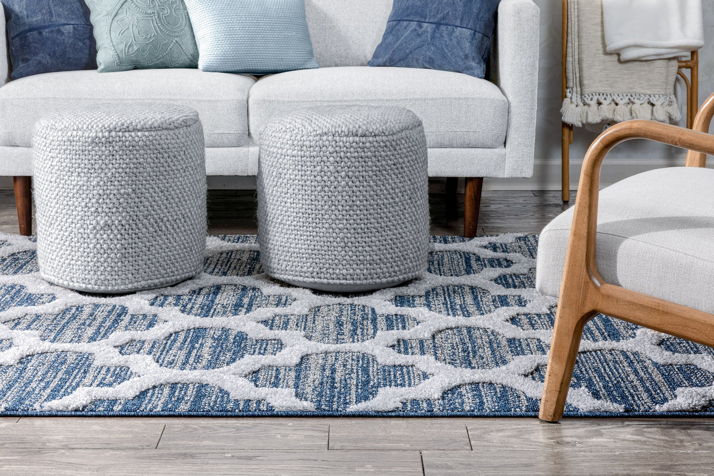 Avery Moroccan Lattice Trellis Navy Blue Grey High-Low Textured Rug SAL-64