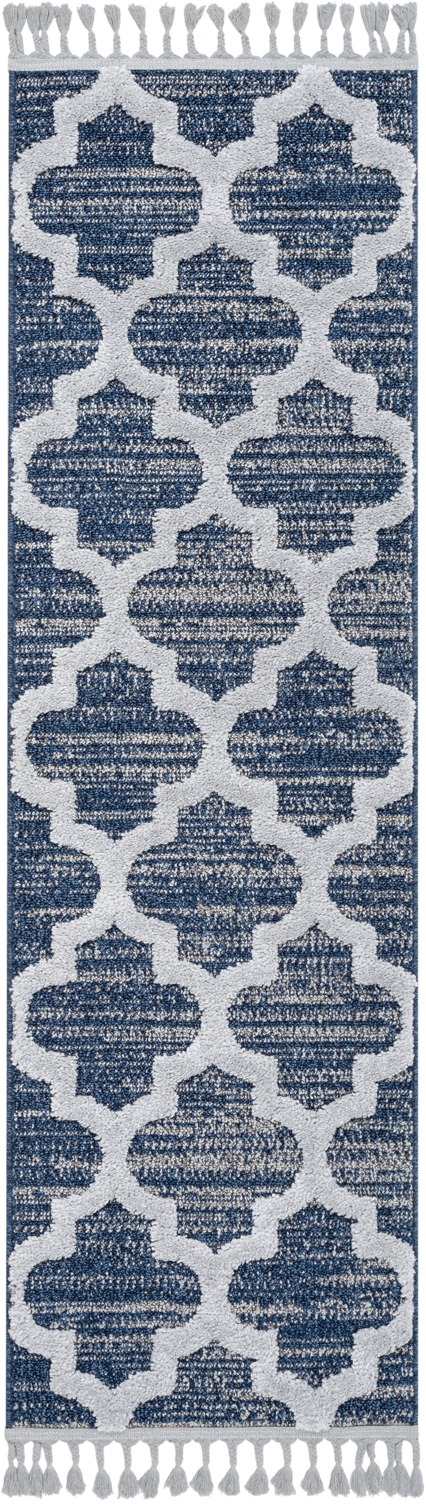 Avery Moroccan Lattice Trellis Navy Blue Grey High-Low Textured Rug SAL-64