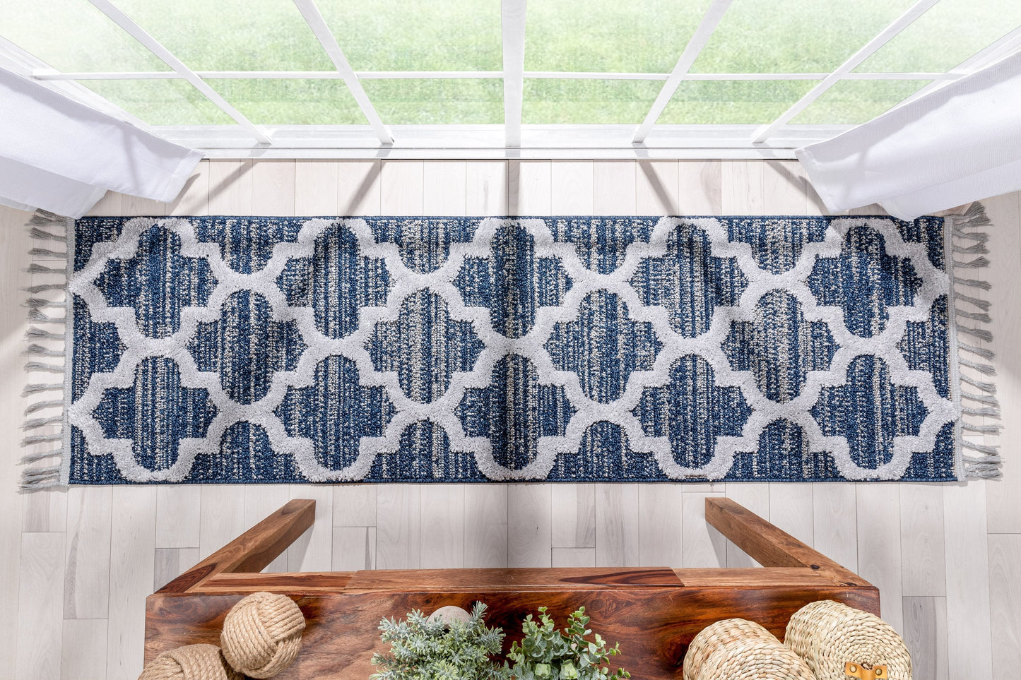 Avery Moroccan Lattice Trellis Navy Blue Grey High-Low Textured Rug SAL-64