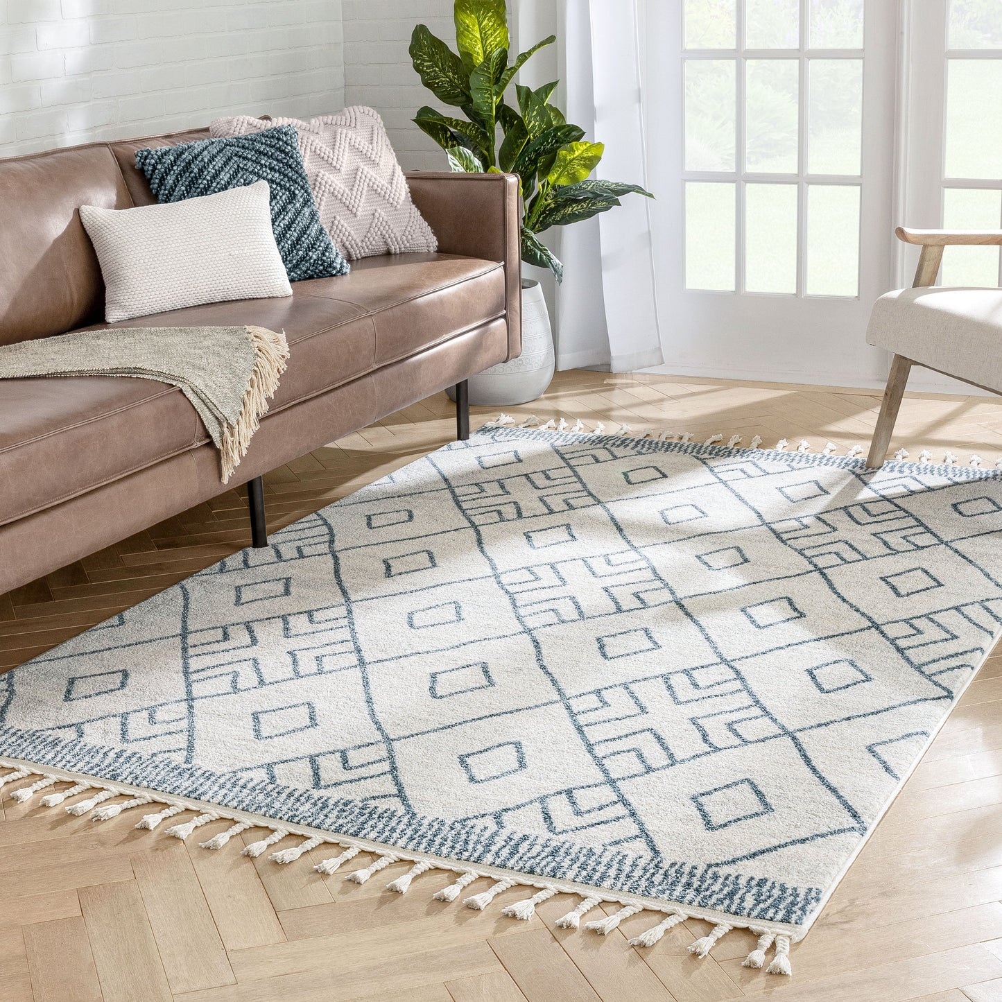 Diodelly Moroccan Lattice Trellis Blue Ivory Rug SE-264