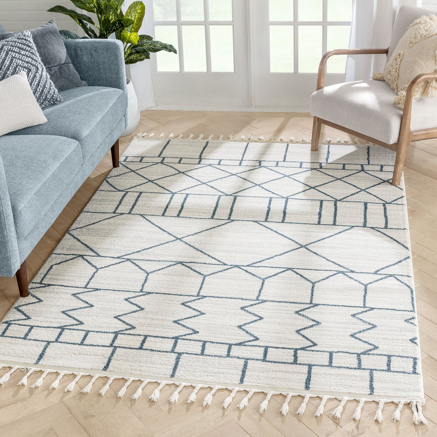 Schematica Nordic Tribal Geometric Pattern Ivory Blue Rug SE-272