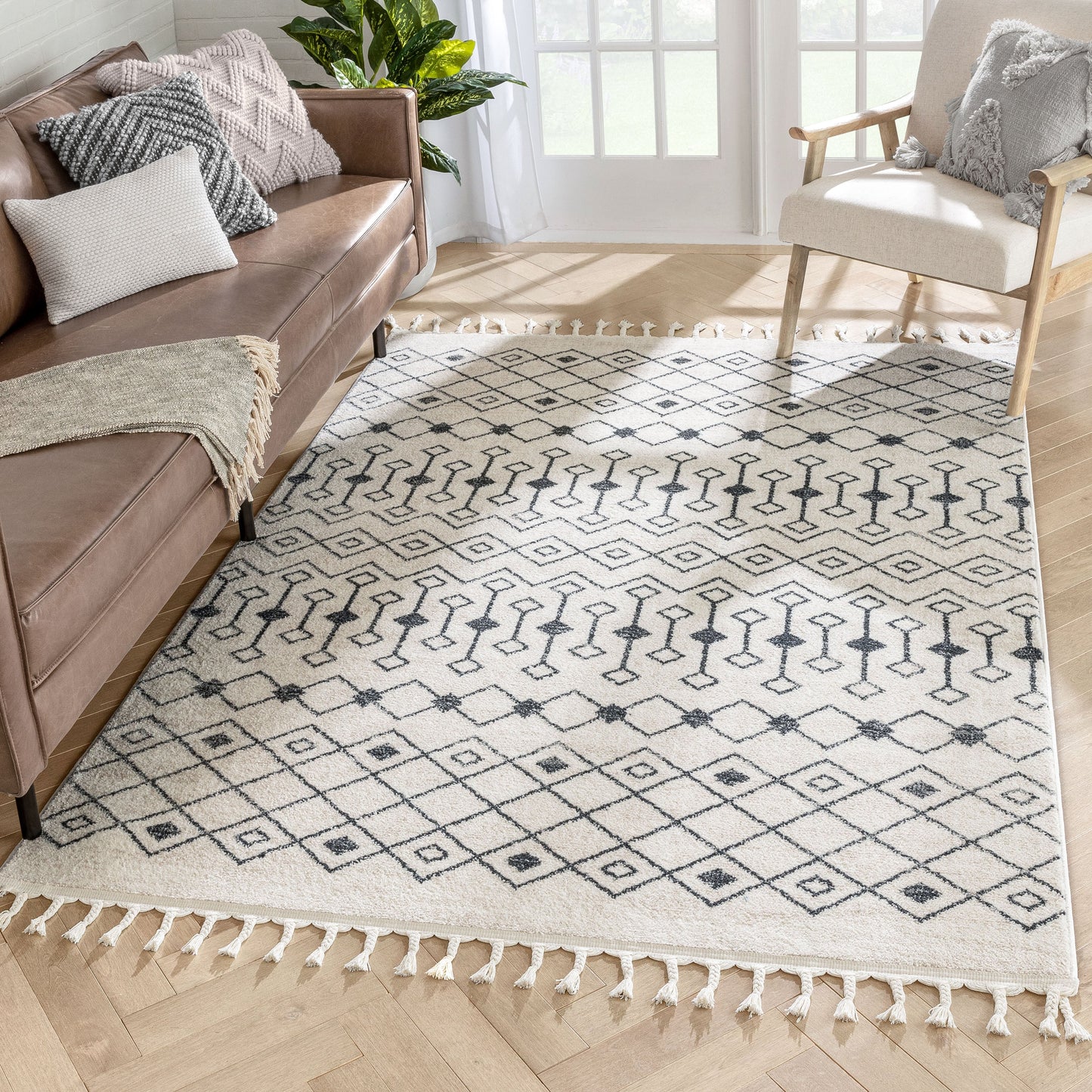 Transistora Nordic Tribal Trellis Pattern Charcoal Ivory Rug SE-283