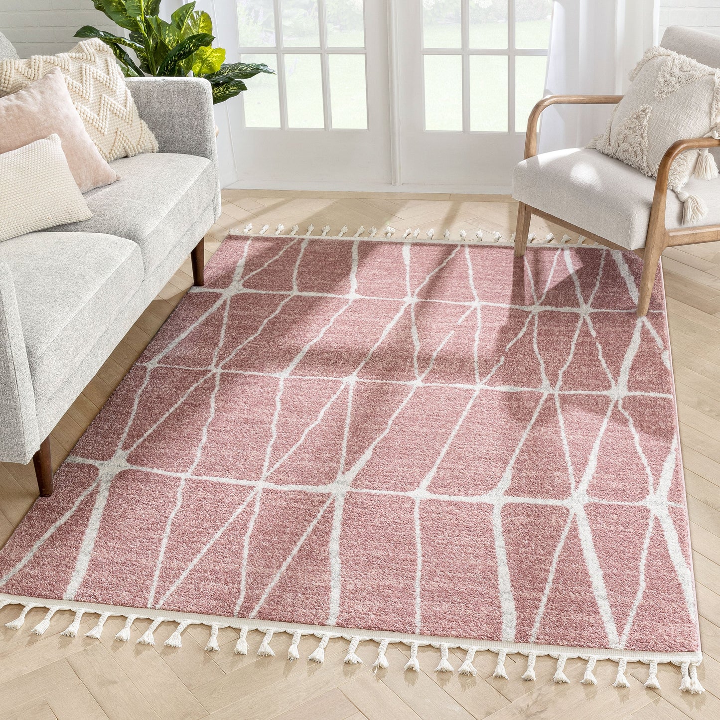 Crisscross Nordic Geometric Pattern Blush Ivory Rug SE-310