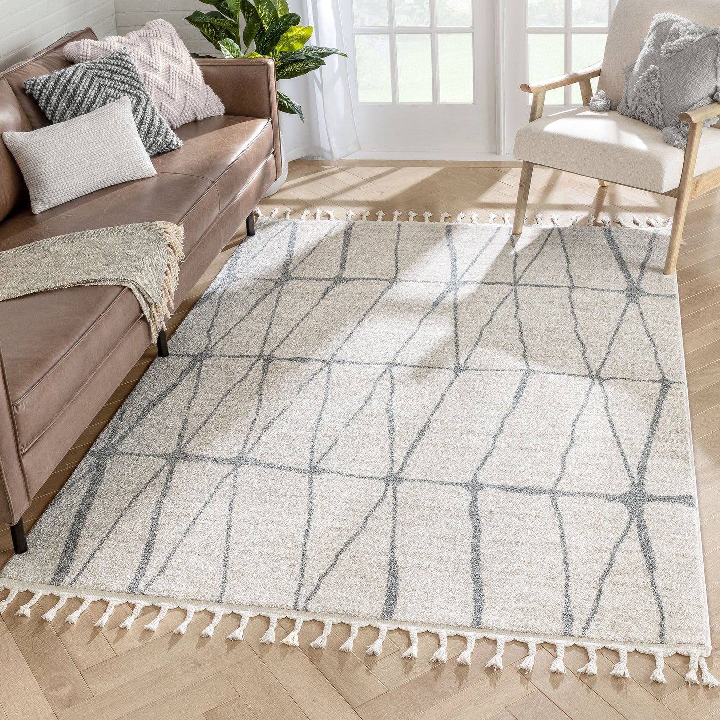 Crisscross Nordic Geometric Pattern Ivory Rug SE-312
