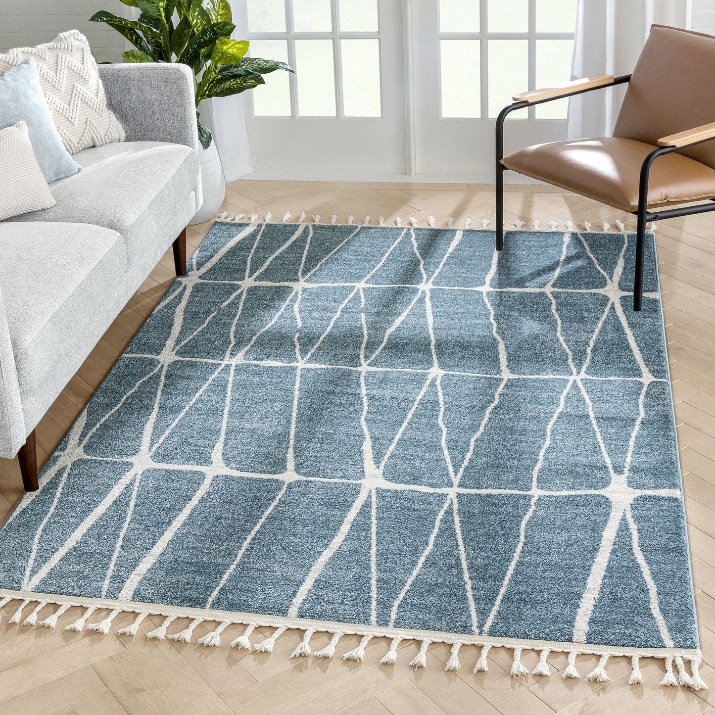 Crisscross Nordic Geometric Pattern Blue Rug SE-314