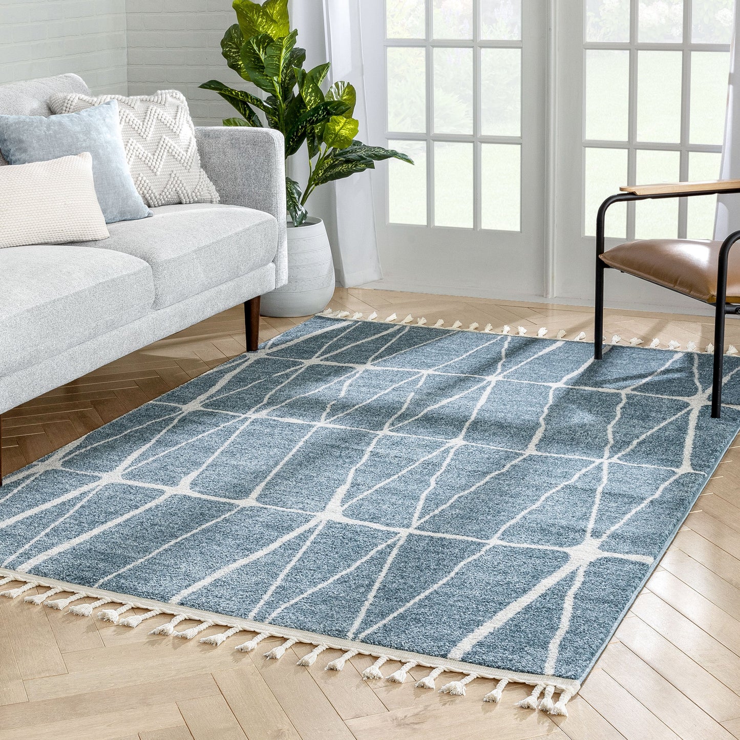 Crisscross Nordic Geometric Pattern Blue Rug SE-314