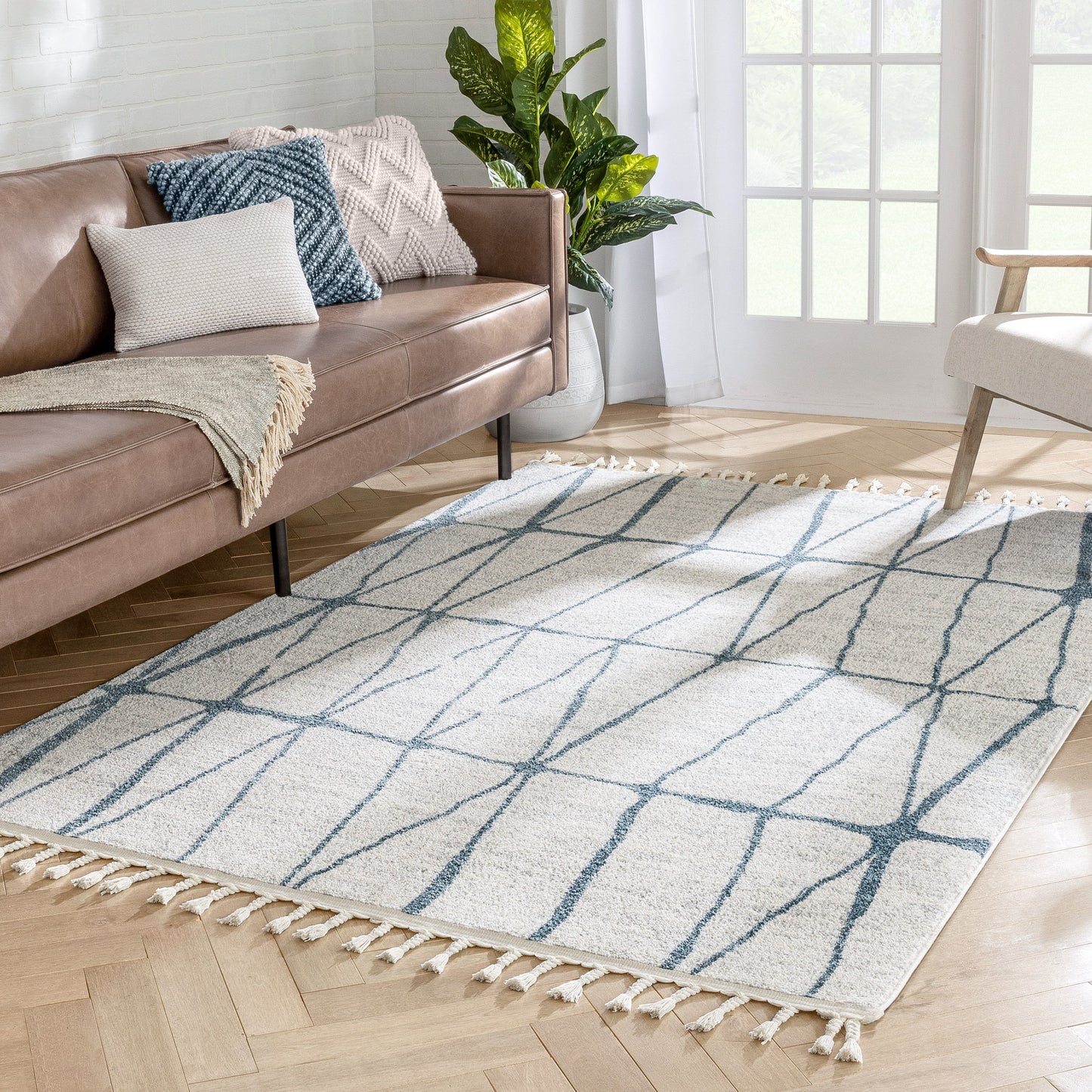 Crisscross Nordic Geometric Pattern Blue Ivory Rug SE-316