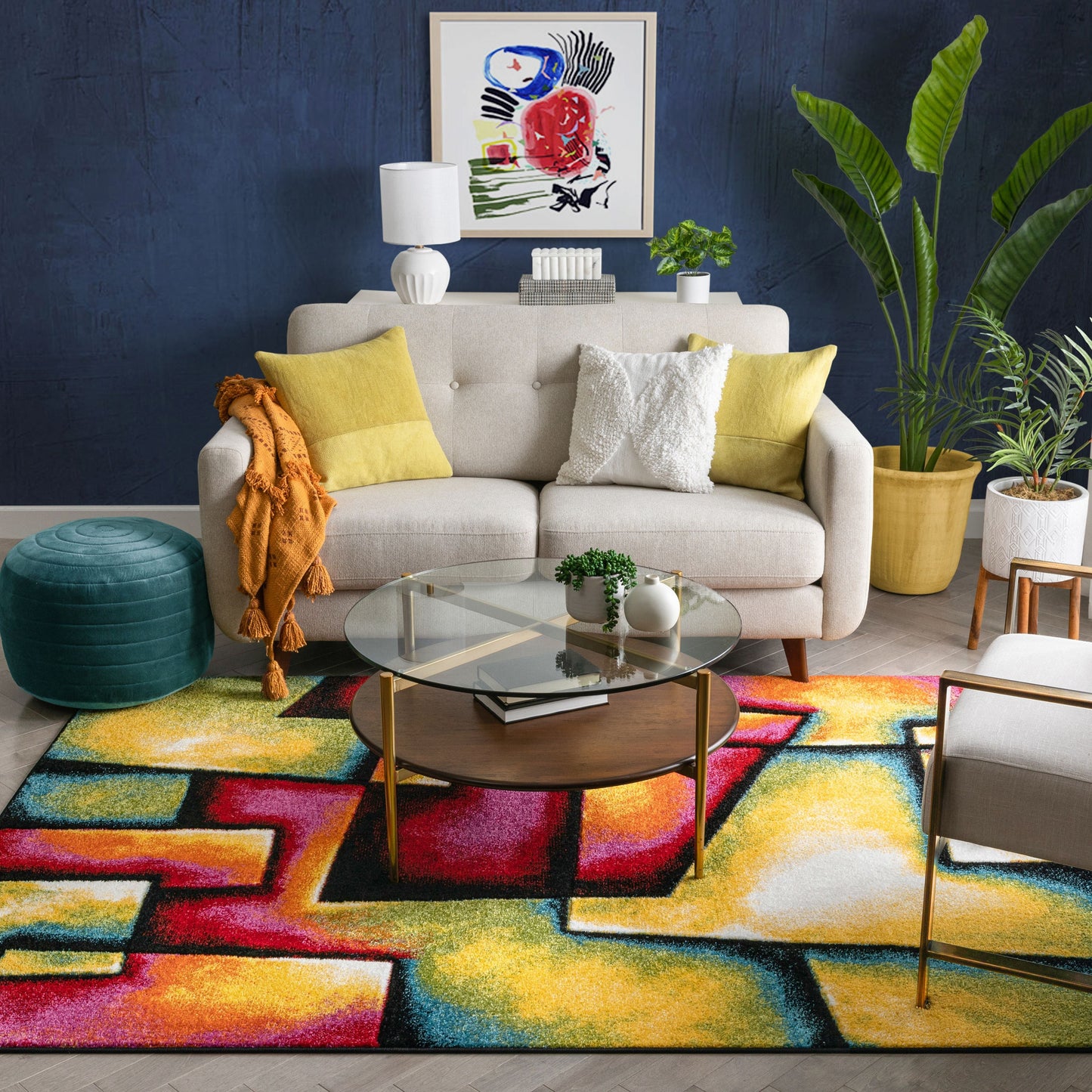 Fortune Contemporary Abstract Geometric Boxes Multi Hand-Carved Rug SEV-11