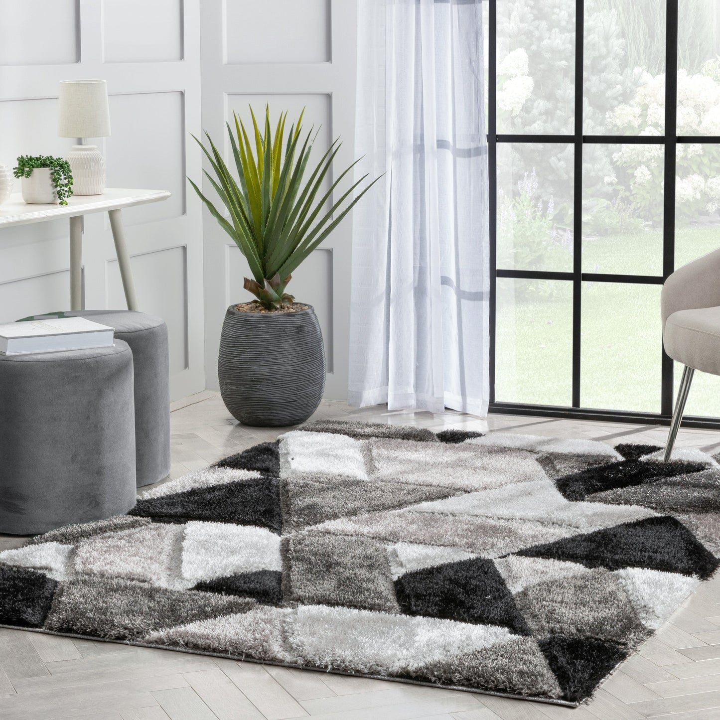 Holland Modern Geometric Black 3D Textured Thick & Soft Shag Rug SF-153