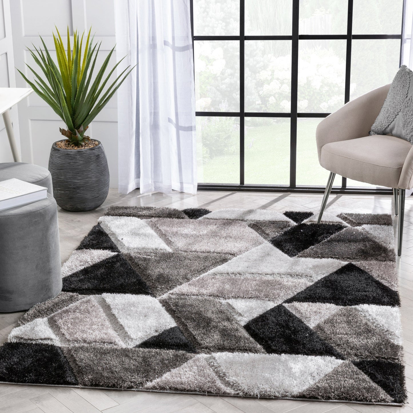 Holland Modern Geometric Black 3D Textured Thick & Soft Shag Rug SF-153