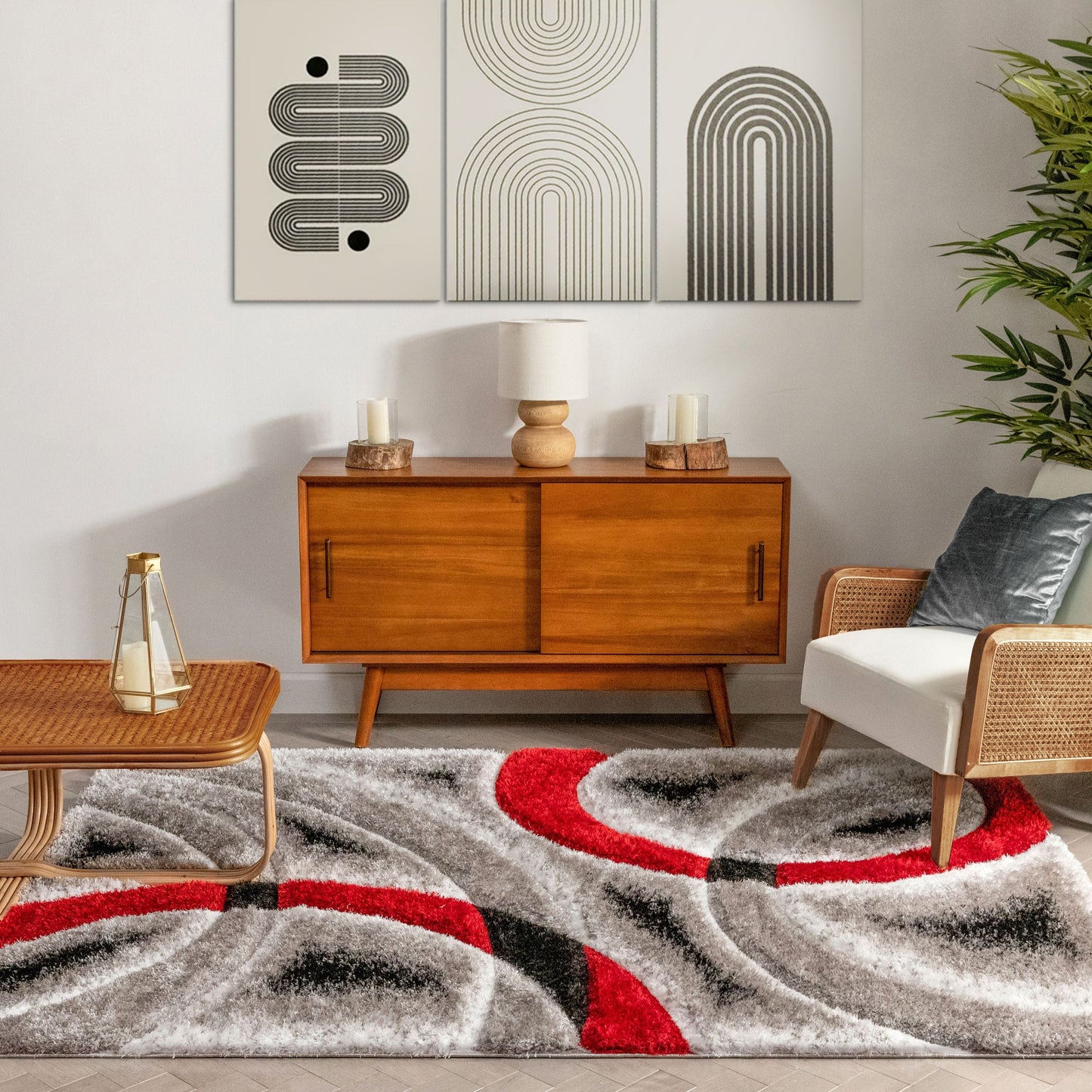 Oahu Red Modern Geometric 3D Textured Shag Rug SF-20