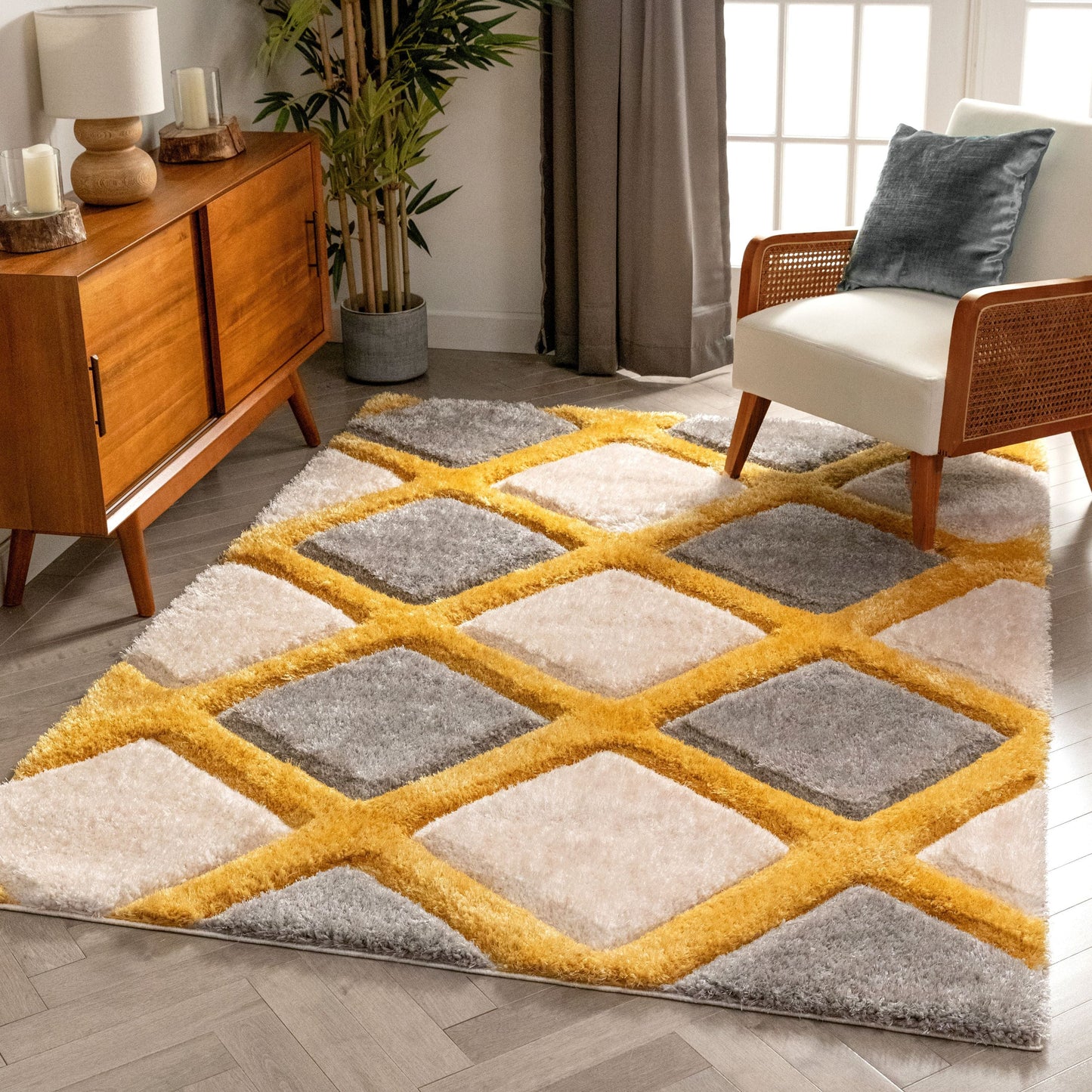 Posh Yellow Modern Geometric 3D Textured Shag Rug SF-31