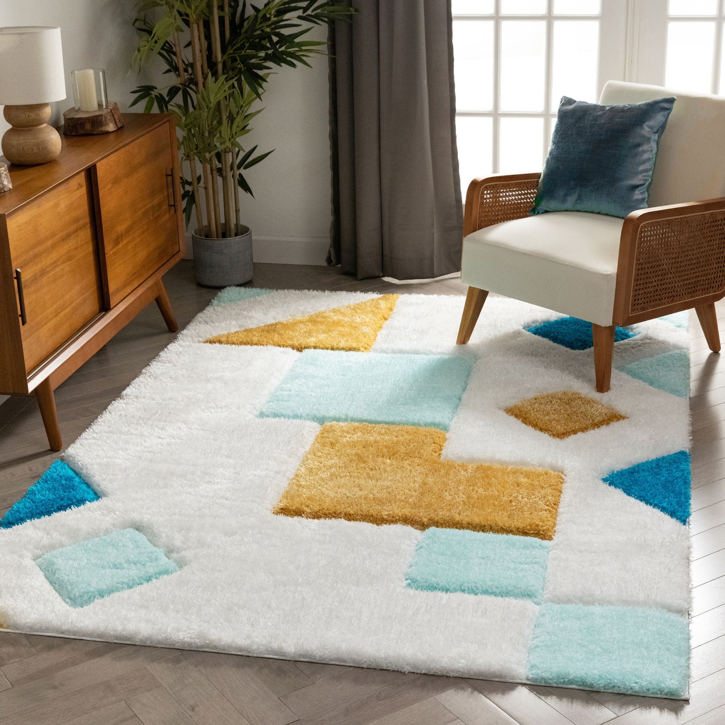 Teahupo Blue Modern Geometric 3D Textured Shag Rug SF-52-
