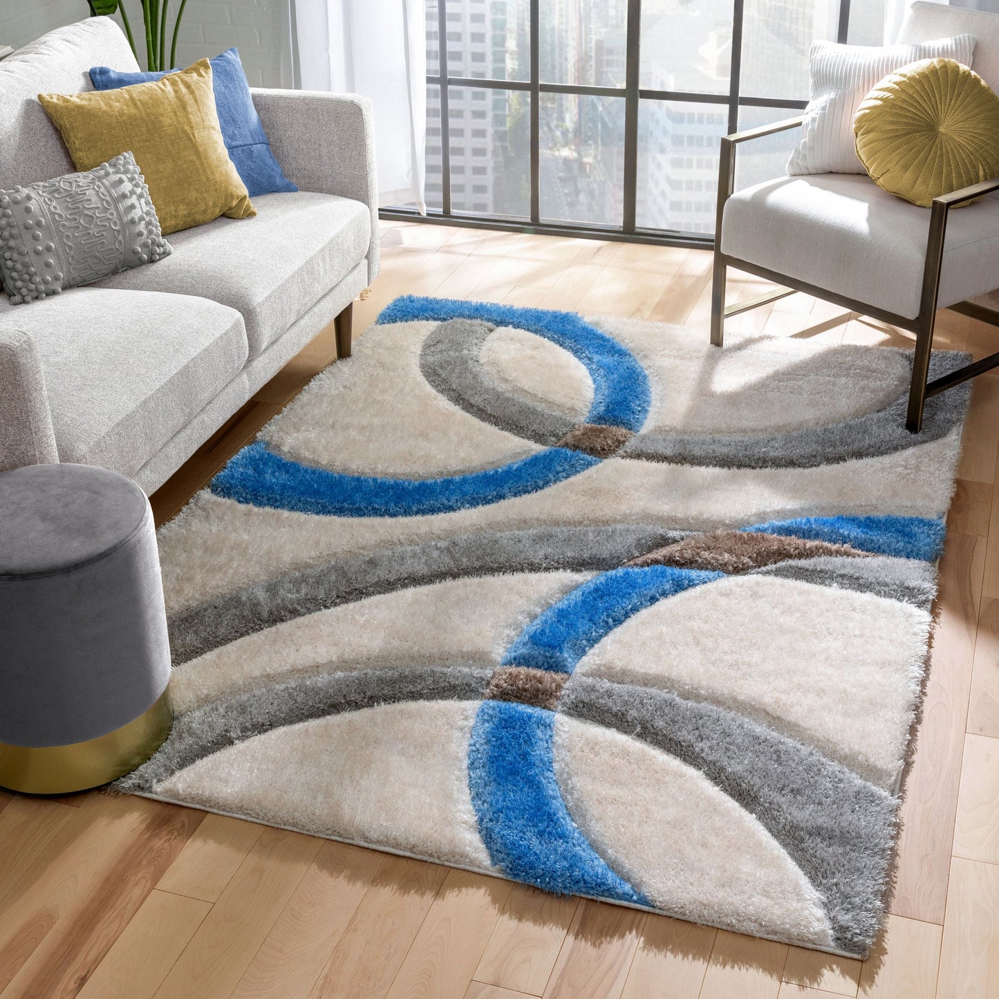 Bevel Modern Geometric Arcs & Shapes Shag Light Blue Grey 3D Textured Thick & Soft Shag Rug SF-86