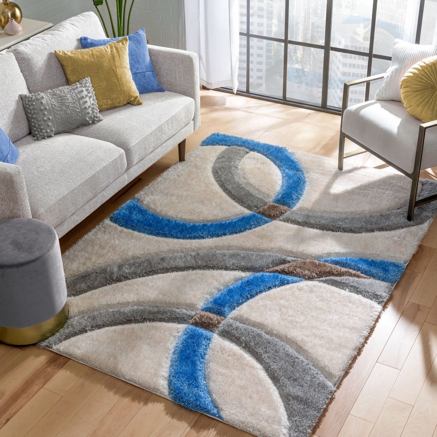 Bevel Modern Geometric Arcs & Shapes Shag Light Blue Grey 3D Textured Thick & Soft Shag Rug SF-86