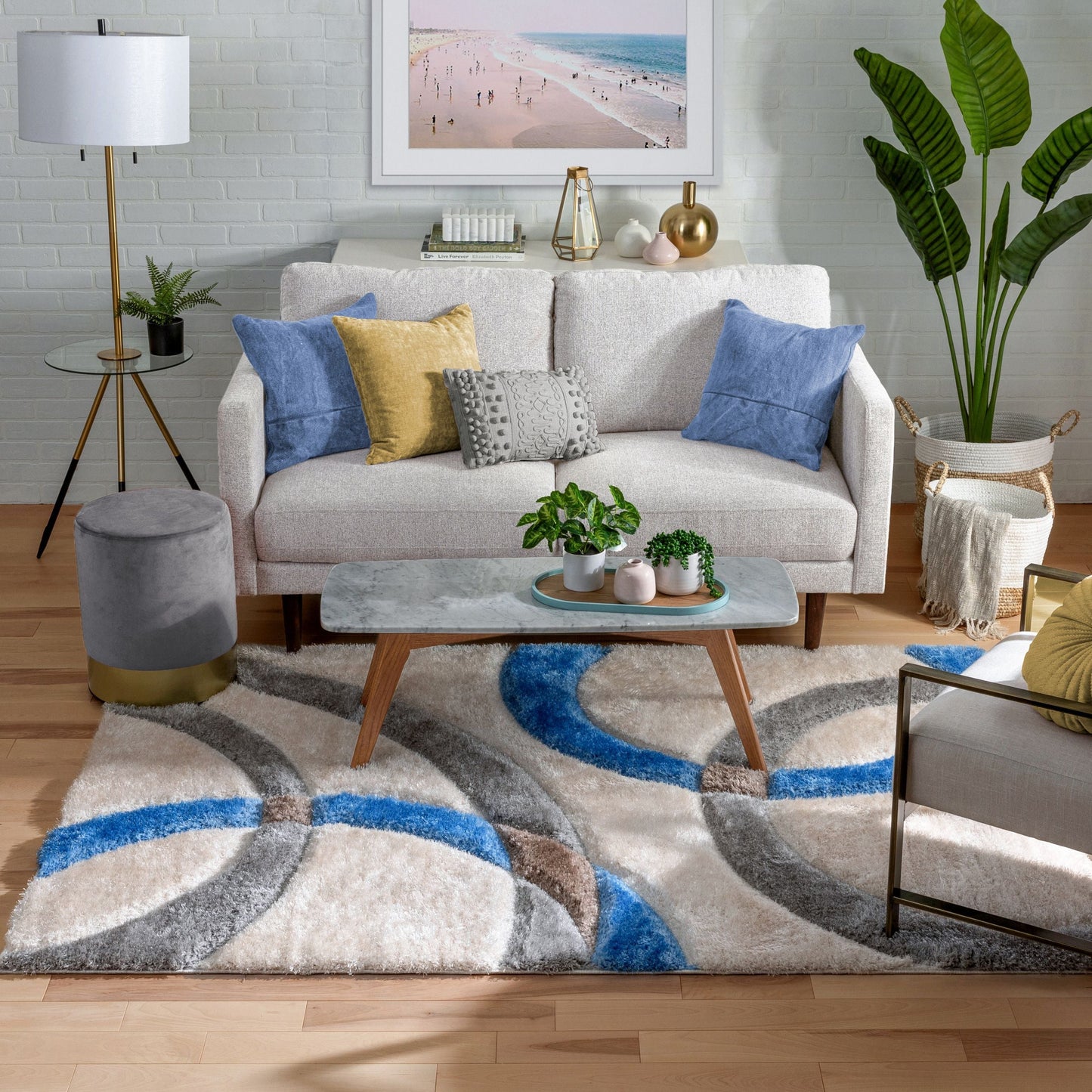 Bevel Modern Geometric Arcs & Shapes Shag Light Blue Grey 3D Textured Thick & Soft Shag Rug SF-86