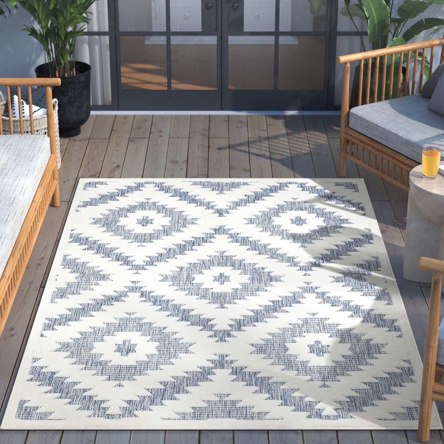 Keiko Tribal Moroccan Indoor/Outdoor Blue High-Low Rug SIL-24