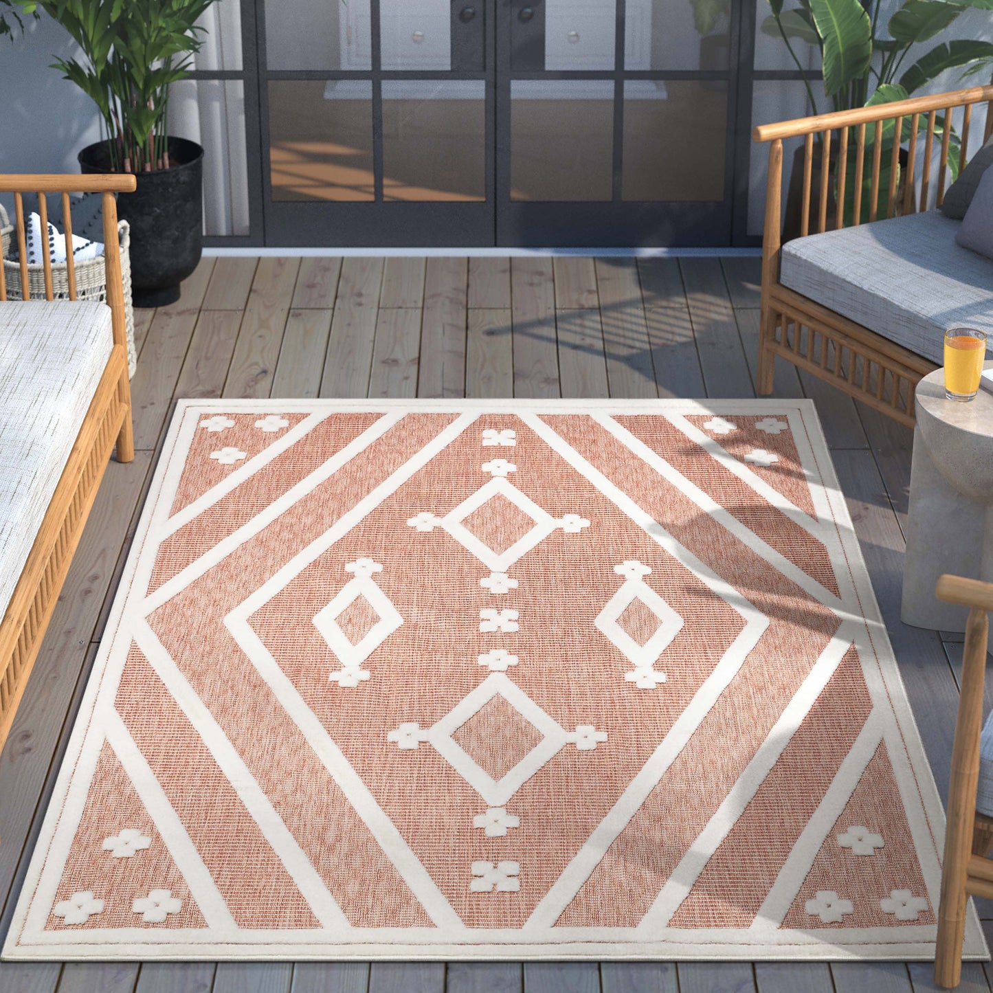 Mali Tribal Diamond Pattern Indoor/Outdoor Terracotta High-Low Rug SIL-30