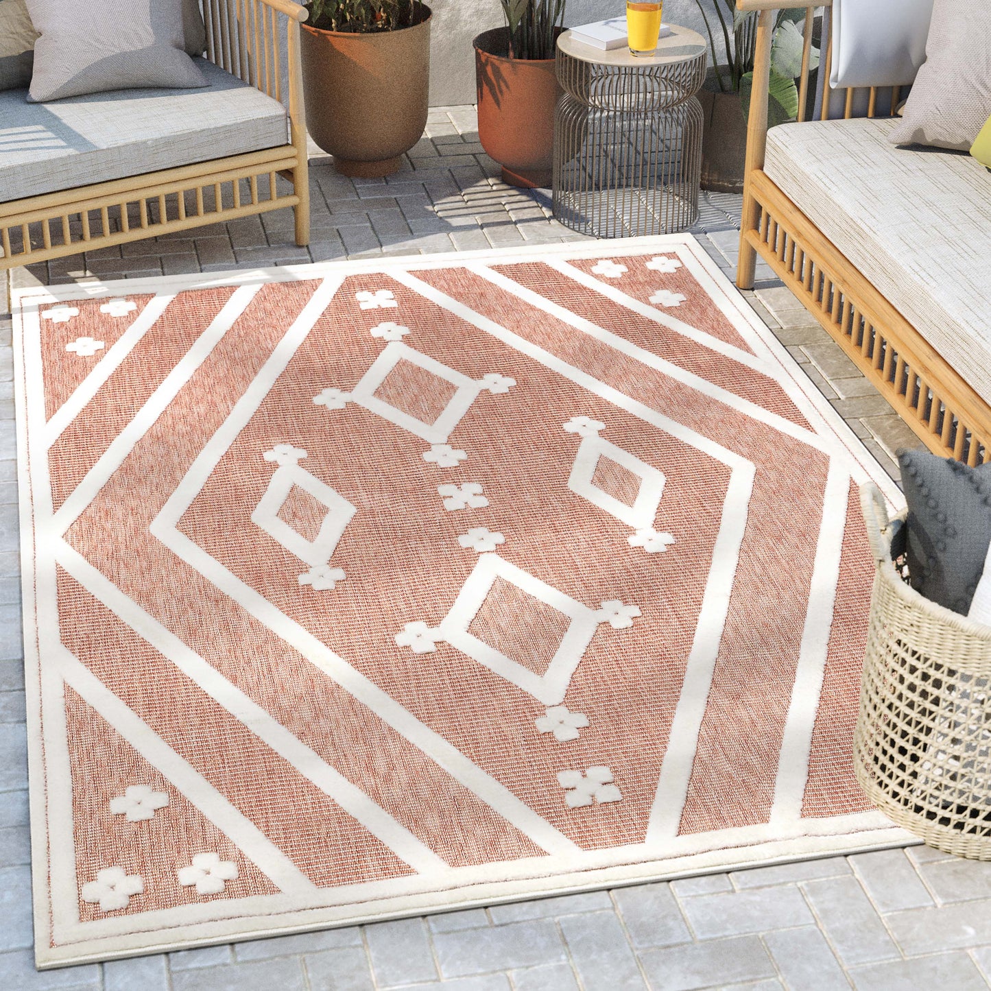 Mali Tribal Diamond Pattern Indoor/Outdoor Terracotta High-Low Rug SIL-30