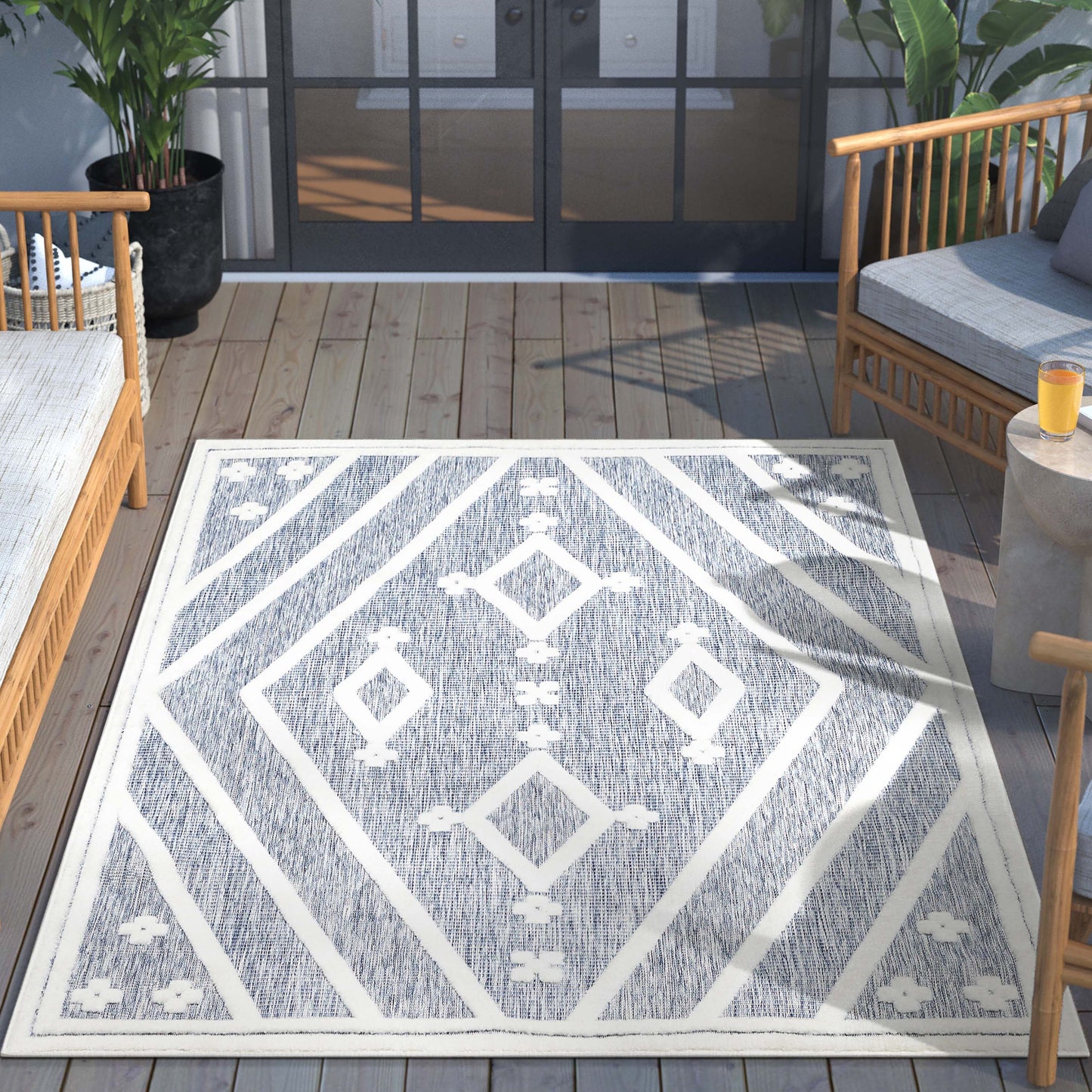 Mali Tribal Diamond Pattern Indoor/Outdoor Blue High-Low Rug SIL-34