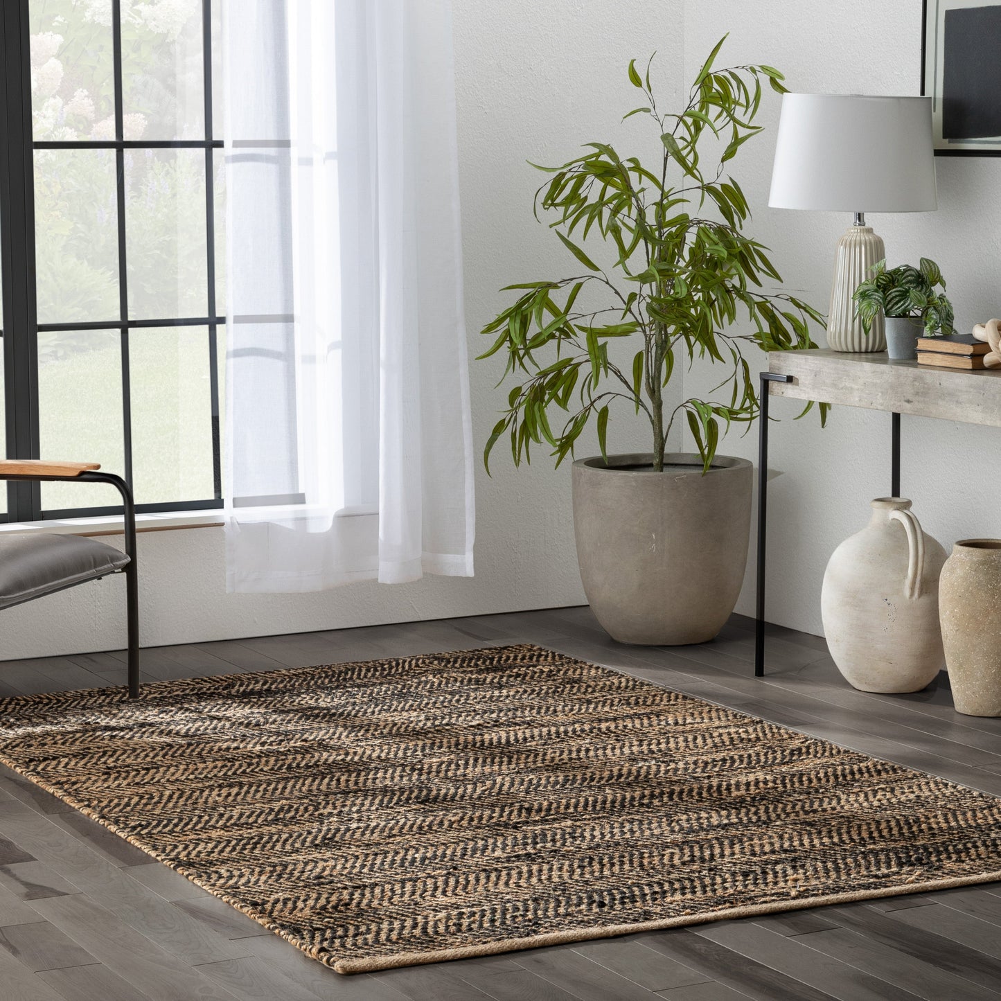 Willow Jute Chevron Natural Black Hand-Woven Chunky-Textured Rug SUR-13