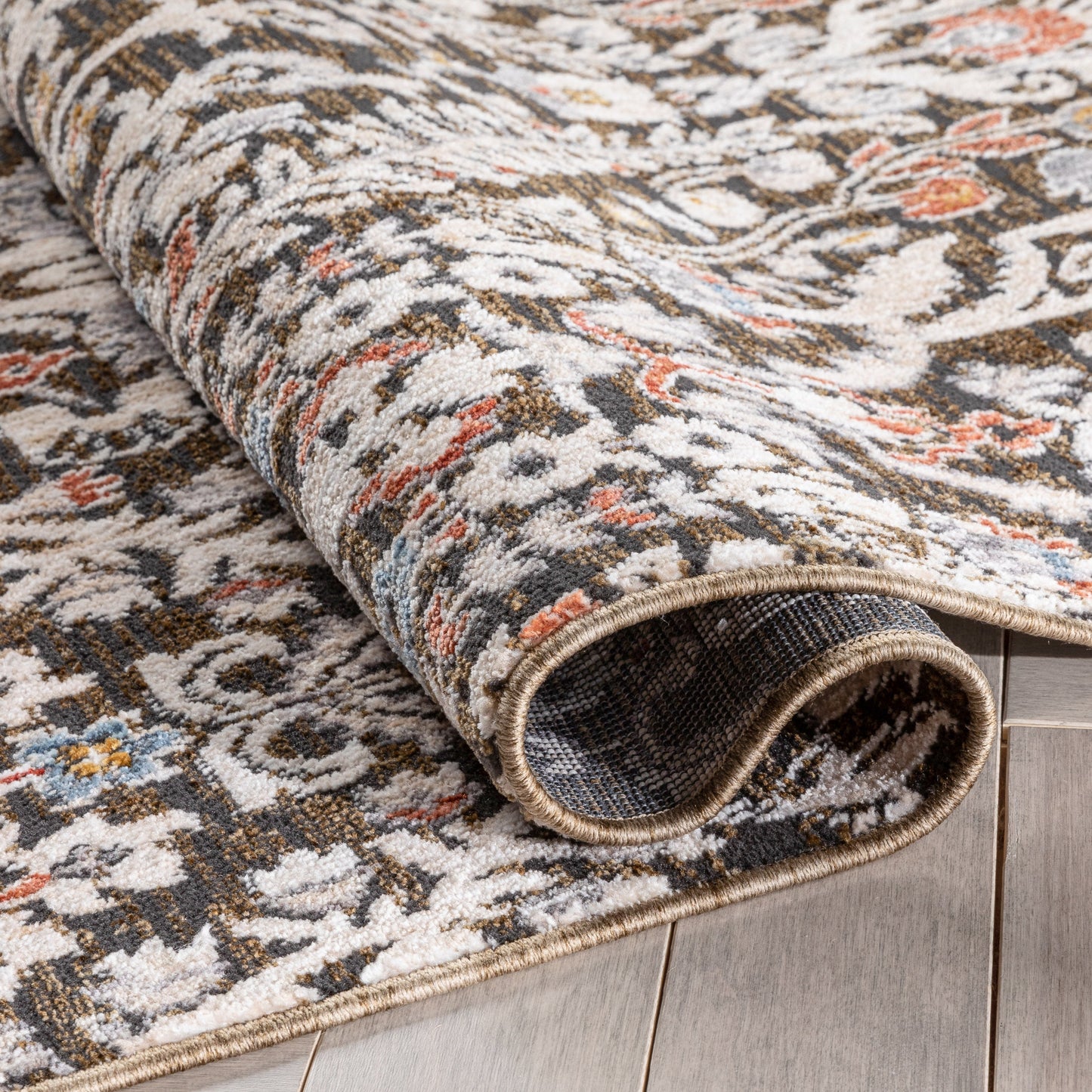Ahote Vintage Floral Damask Pattern Grey Textured Rug TEN-17