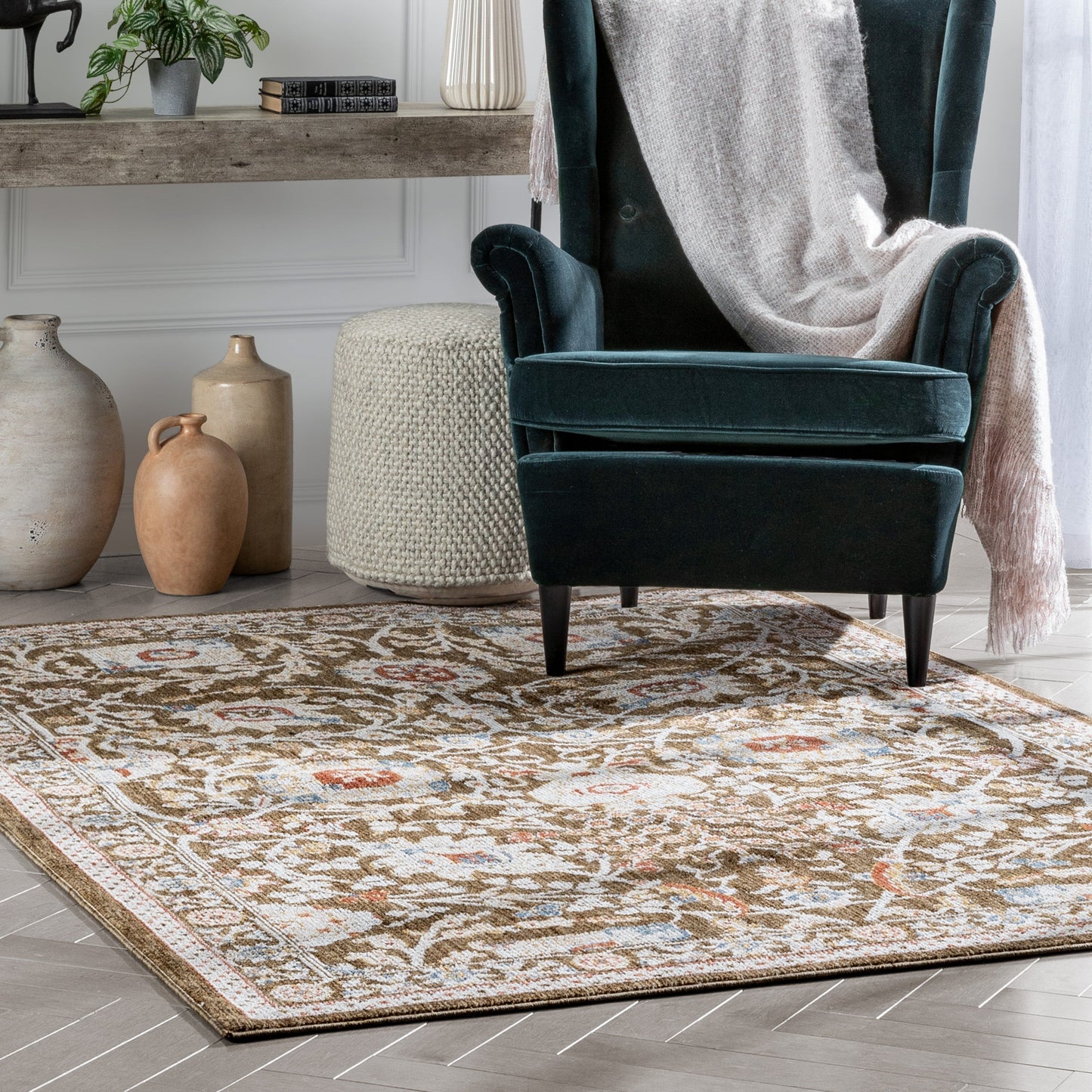 Creo Vintage Floral Oriental Persian Brown Textured Rug TEN-28