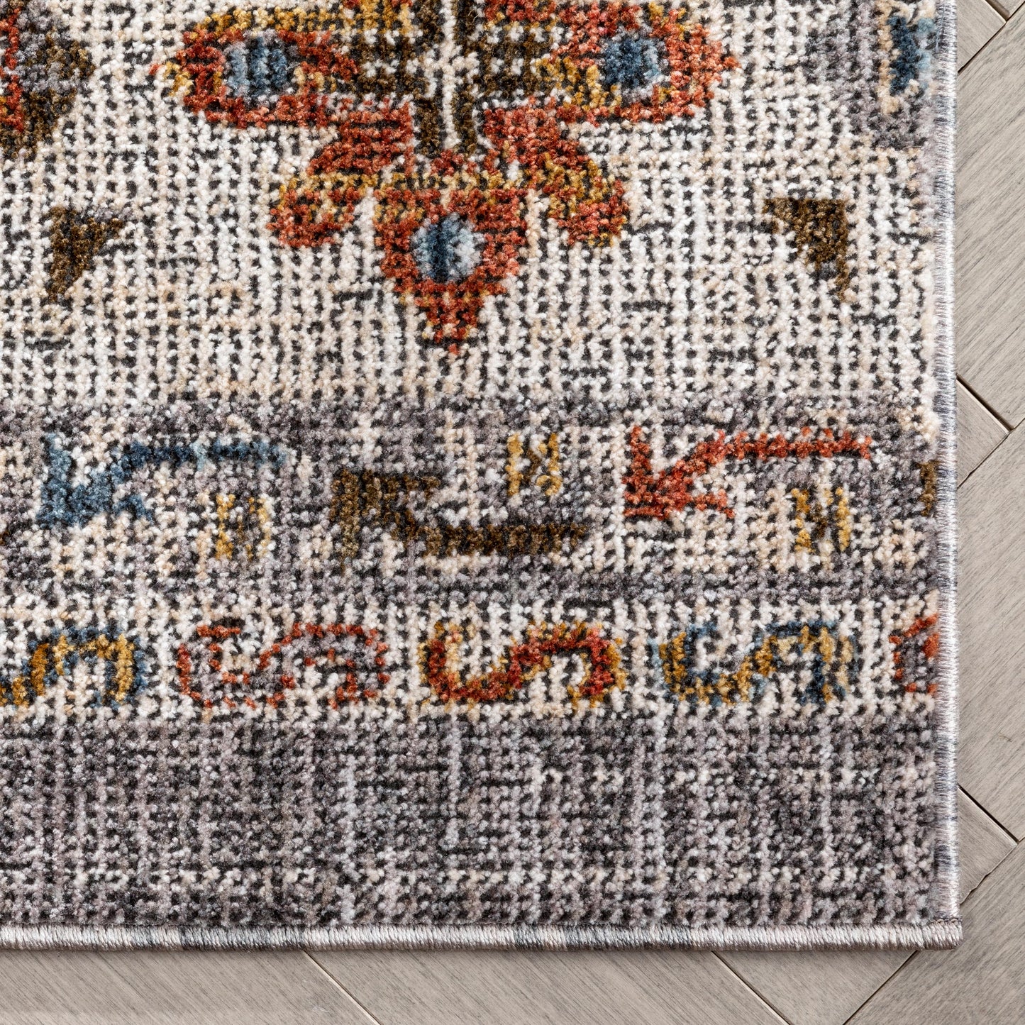 Kestrel Vintage Tribal Floral Pattern Grey Textured Rug TEN-37