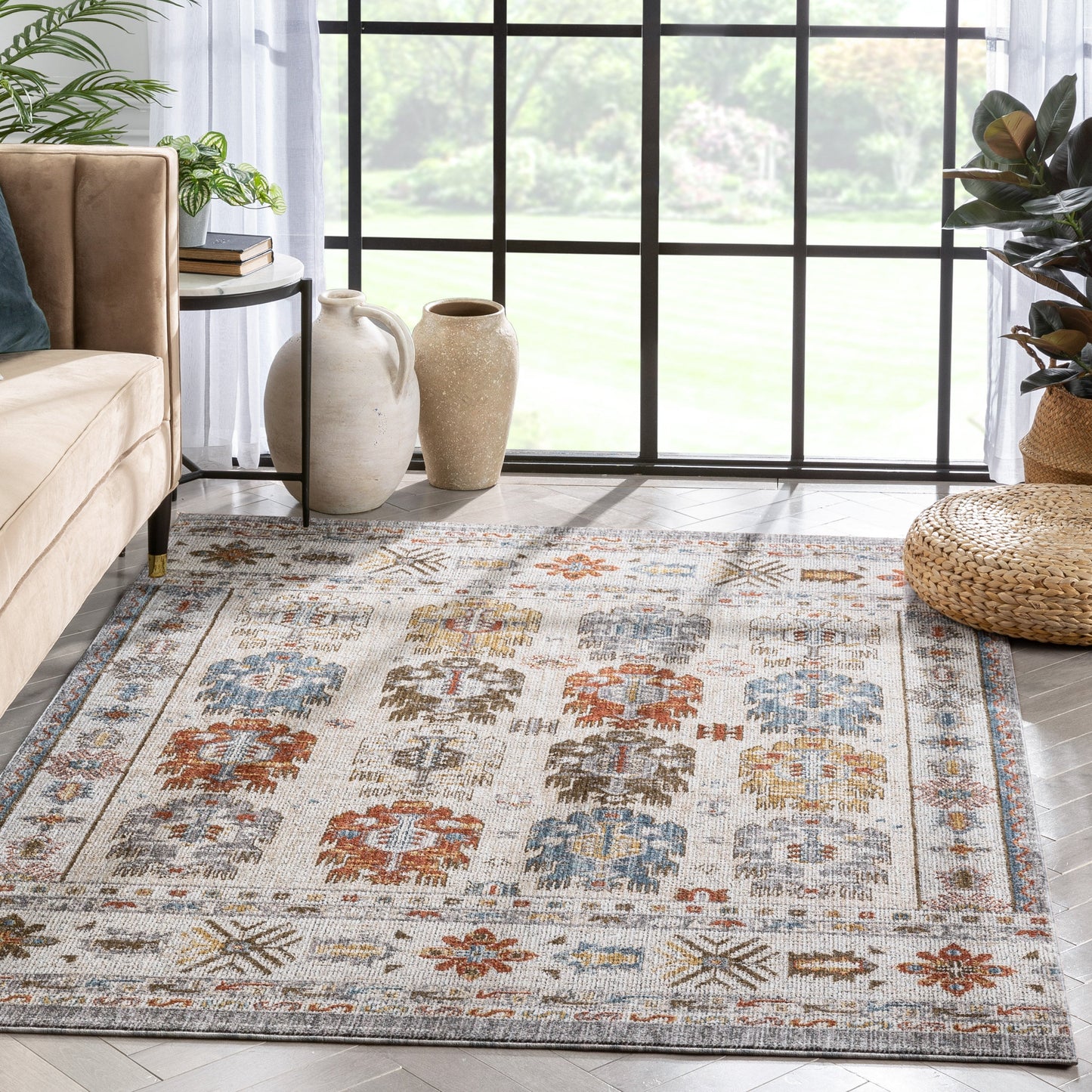 Kestrel Vintage Tribal Floral Pattern Grey Textured Rug TEN-37