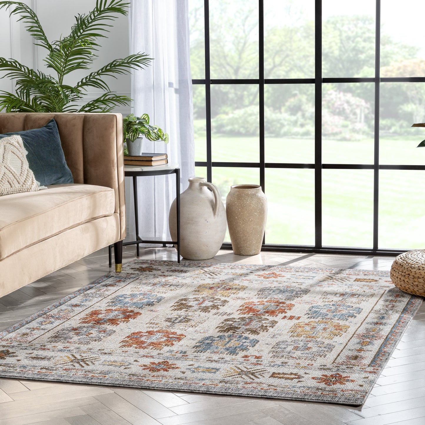 Kestrel Vintage Tribal Floral Pattern Grey Textured Rug TEN-37