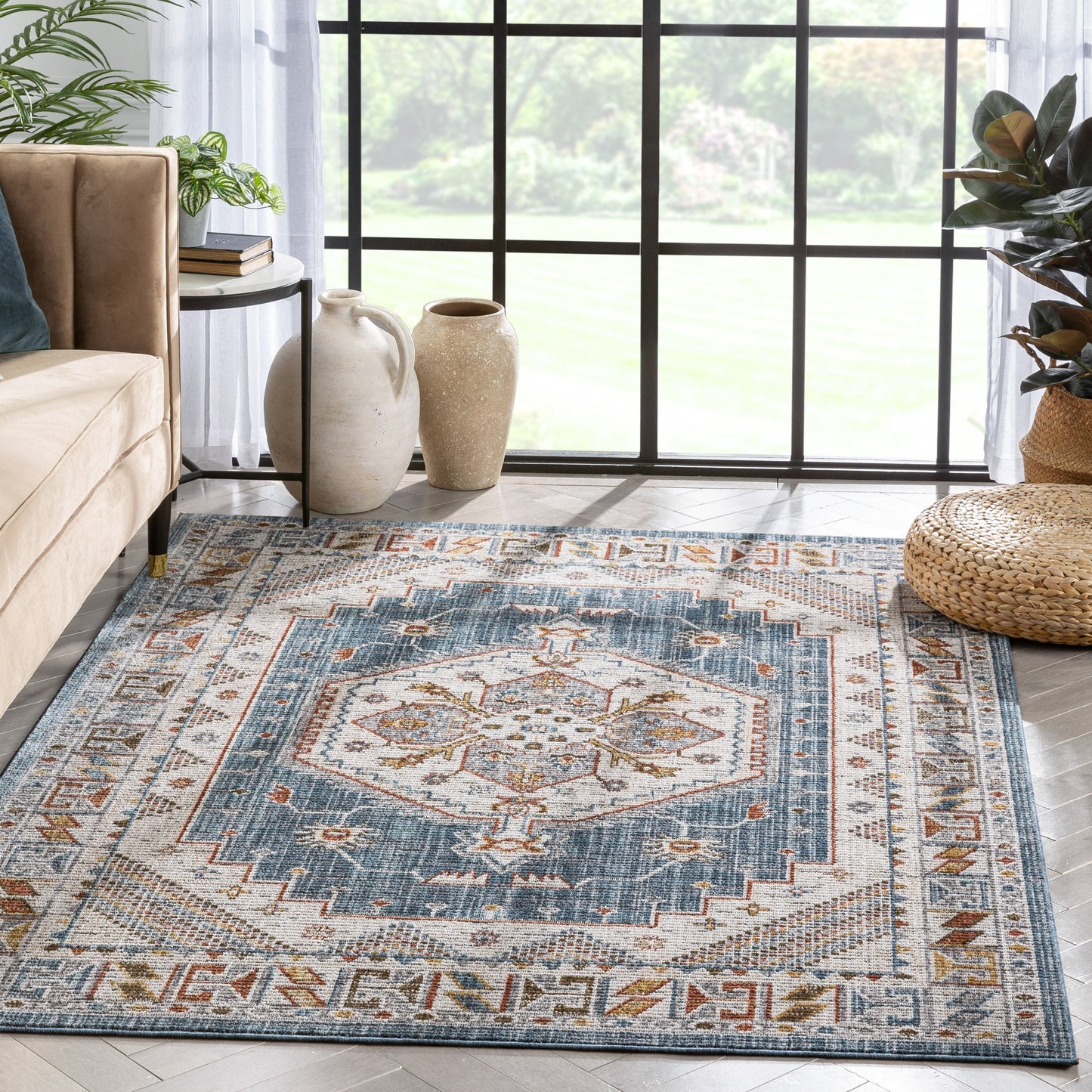 Namib Vintage Medallion Oriental Blue Textured Rug TEN-54