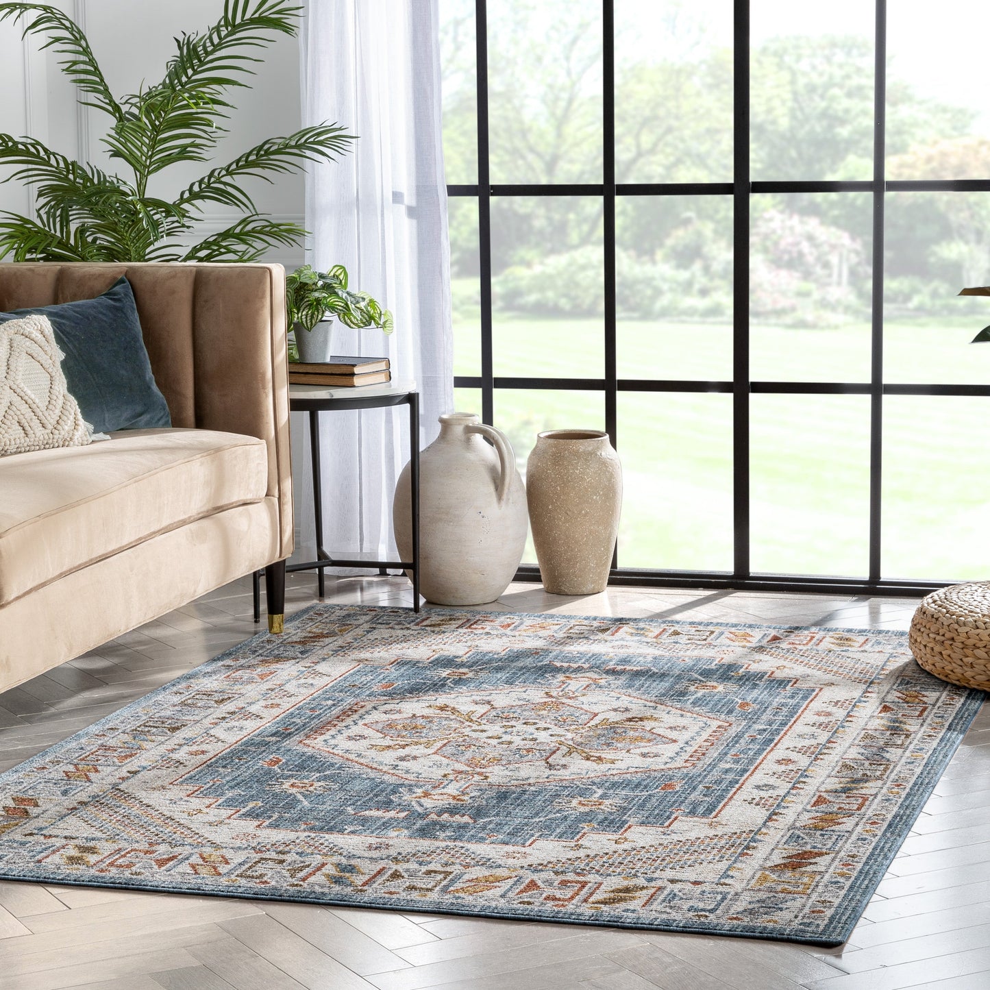 Namib Vintage Medallion Oriental Blue Textured Rug TEN-54