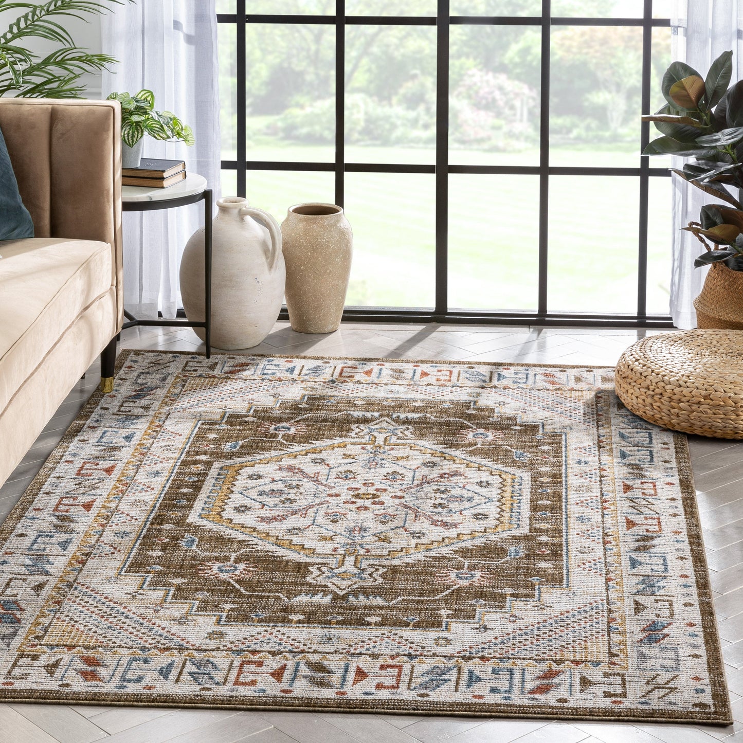 Namib Vintage Medallion Oriental Brown Textured Rug TEN-58