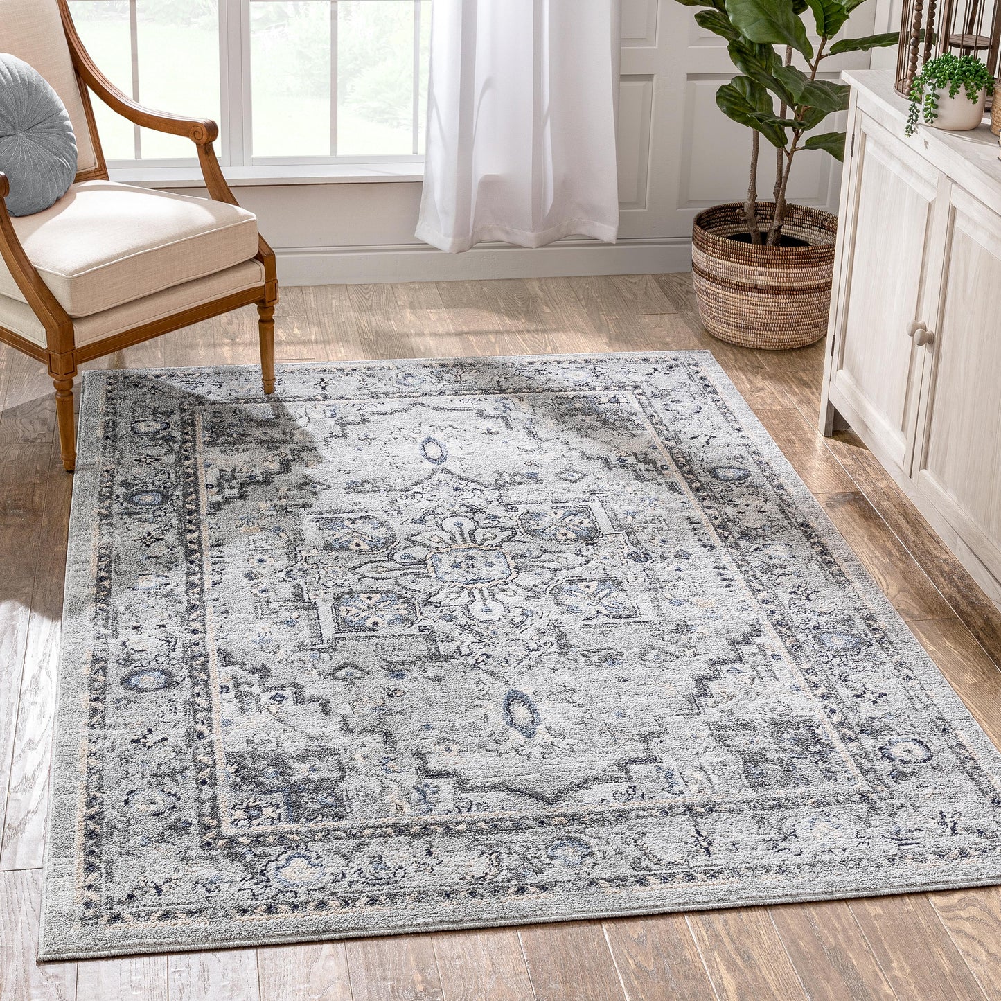 Novara Vintage Oriental Medallion Pattern Grey Blue Rug TOP-47
