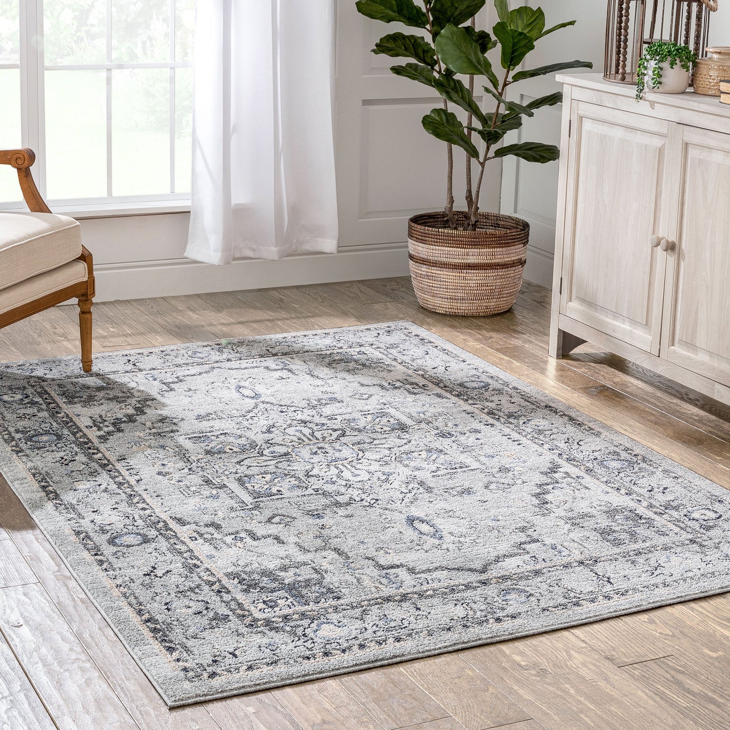 Novara Vintage Oriental Medallion Pattern Grey Blue Rug TOP-47