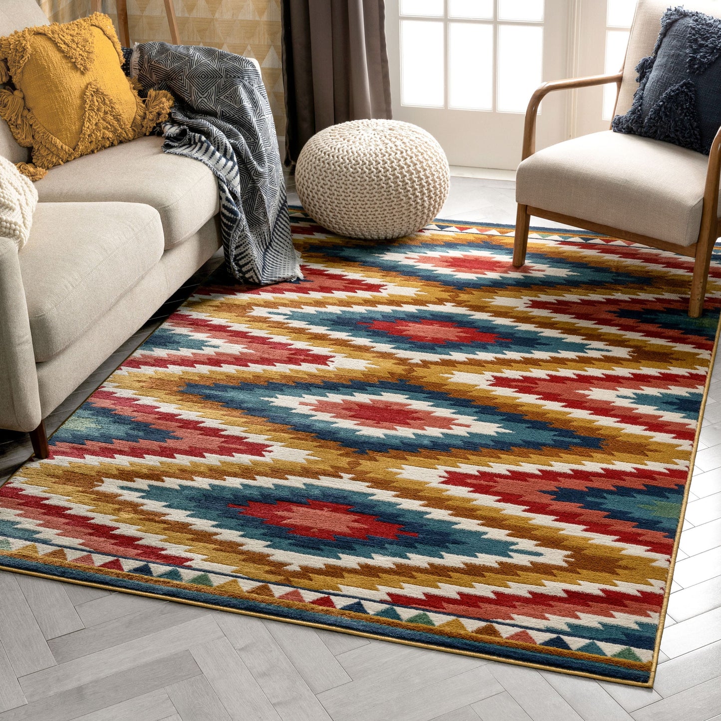 Mia Southwestern Tribal Aztec Bohemian Blue Rug TU-174