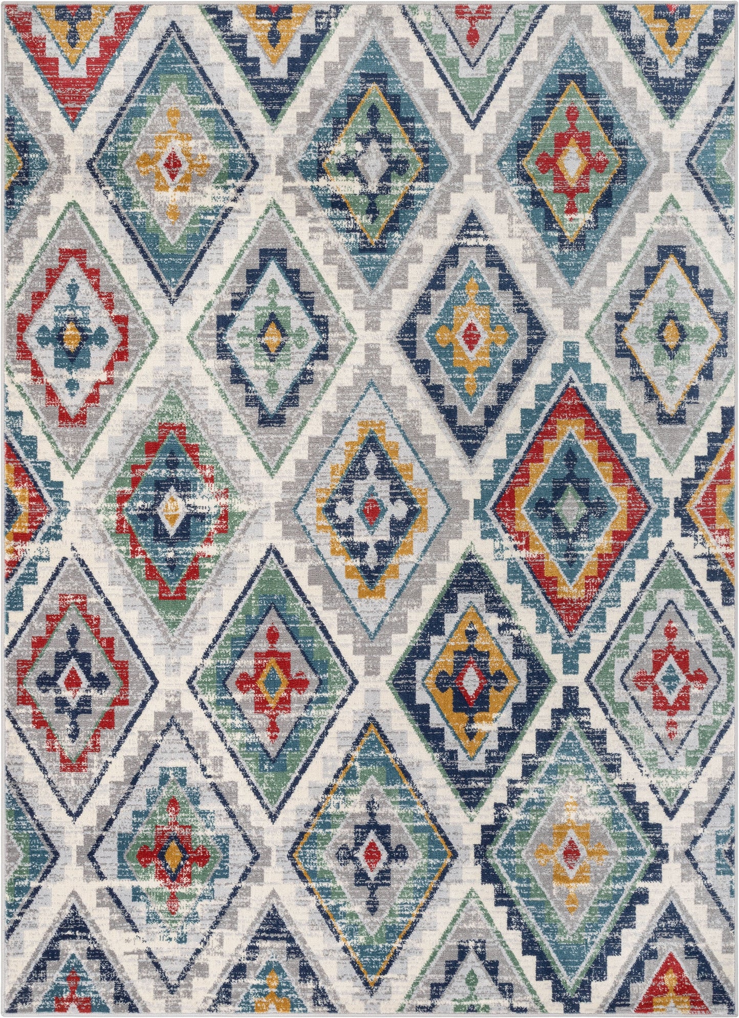 Meridian Southwestern Diamond Pattern Grey Blue Distressed Rug TU-207