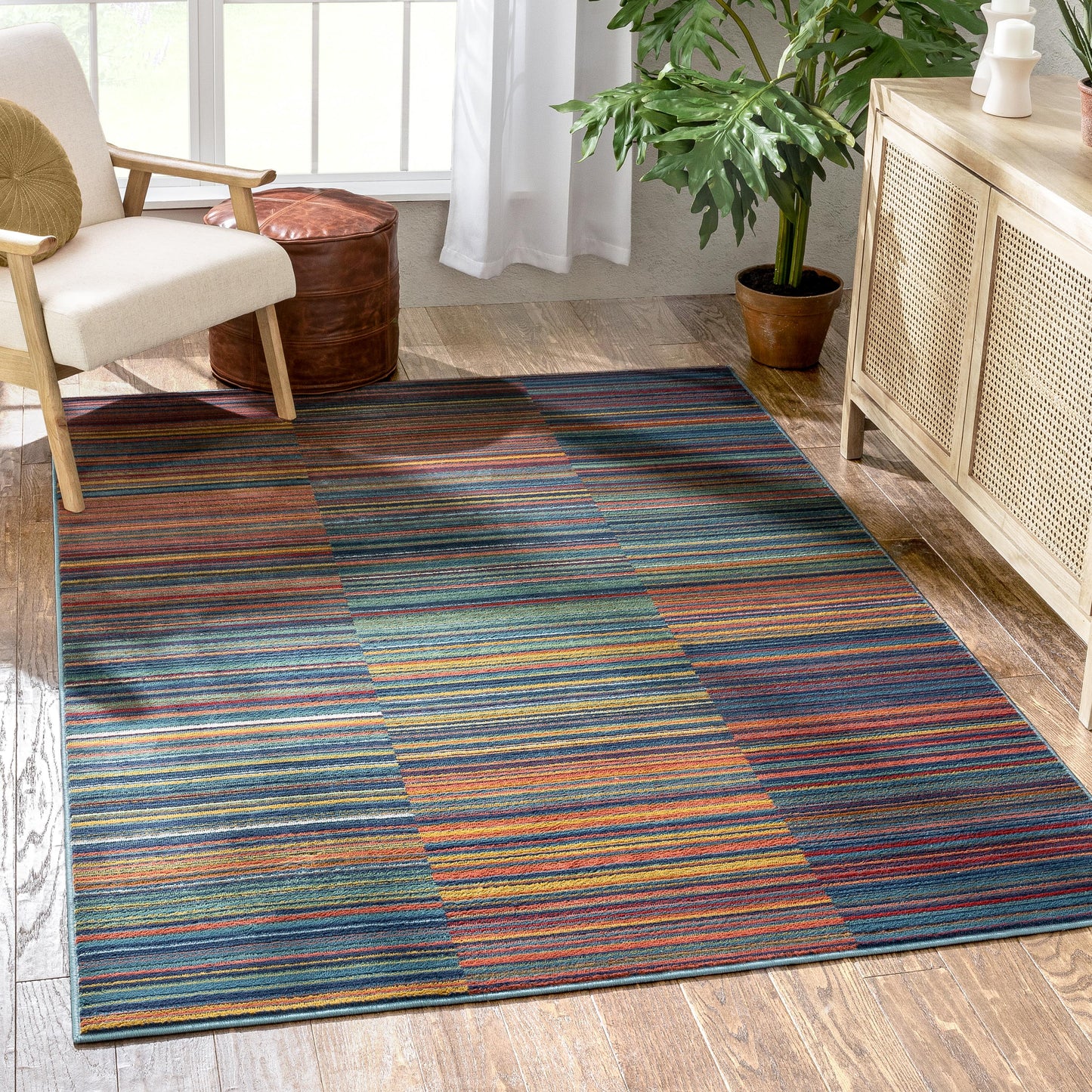 Nampa Tribal Stripes Geometric Pattern Blue Red Distressed Rug TU-214