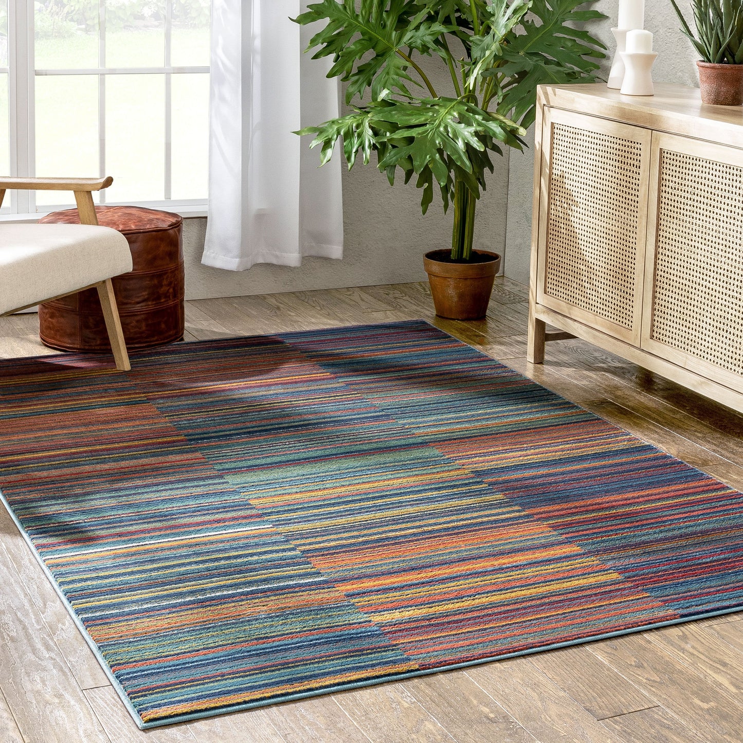 Nampa Tribal Stripes Geometric Pattern Blue Red Distressed Rug TU-214