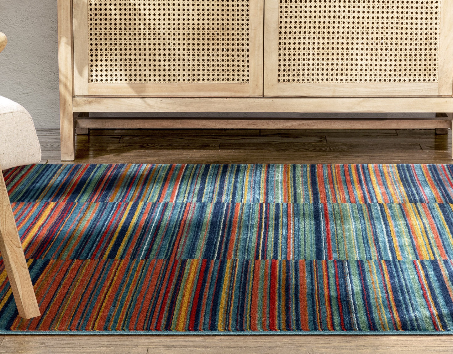 Nampa Tribal Stripes Geometric Pattern Blue Red Distressed Rug TU-214