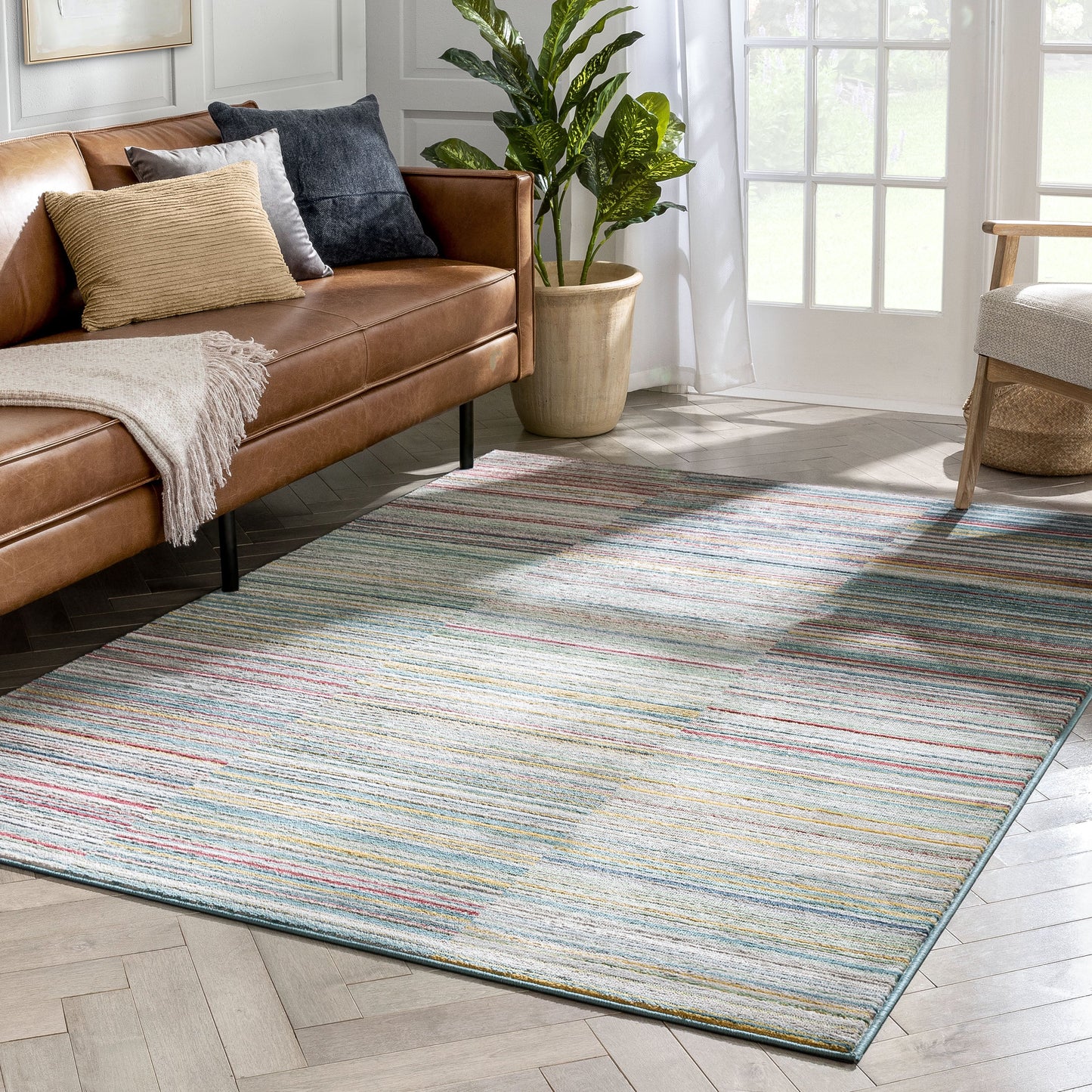 Nampa Tribal Stripes Geometric Pattern Green Blue Distressed Rug TU-215