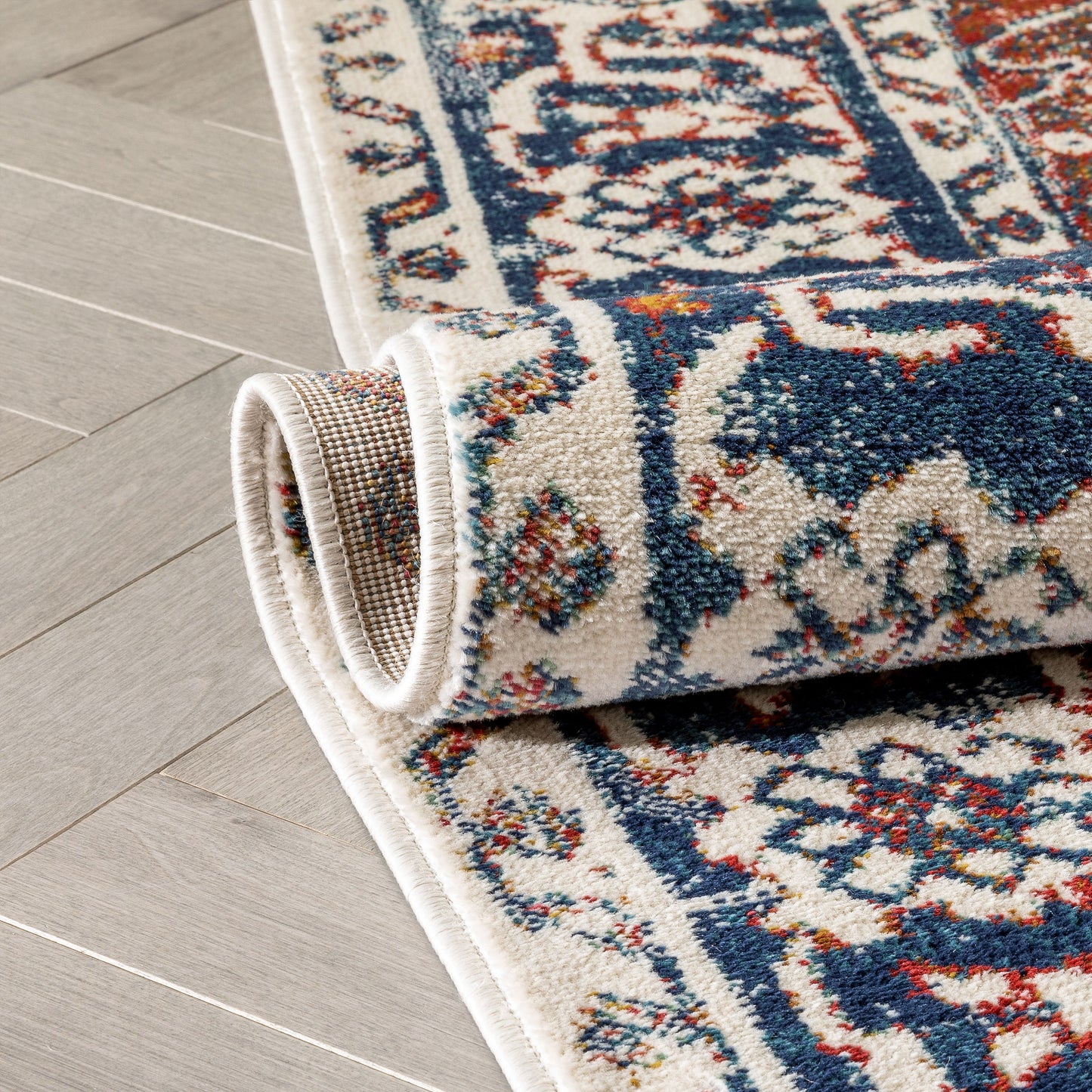 Arco Oriental Medallion Pattern Red Blue Distressed Rug TU-300