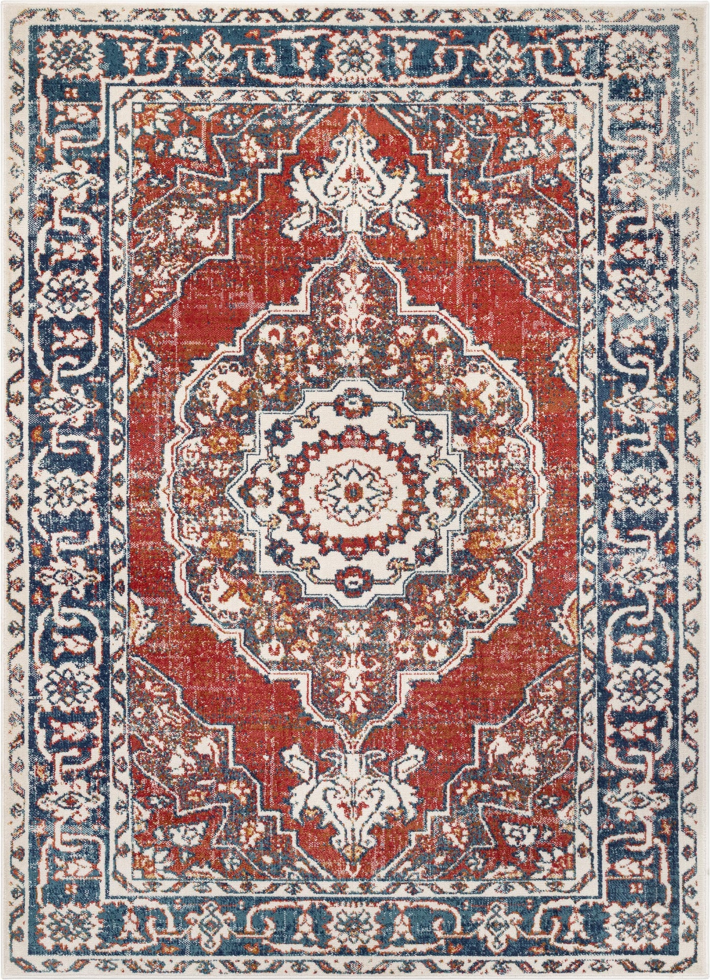 Arco Oriental Medallion Pattern Red Blue Distressed Rug TU-300