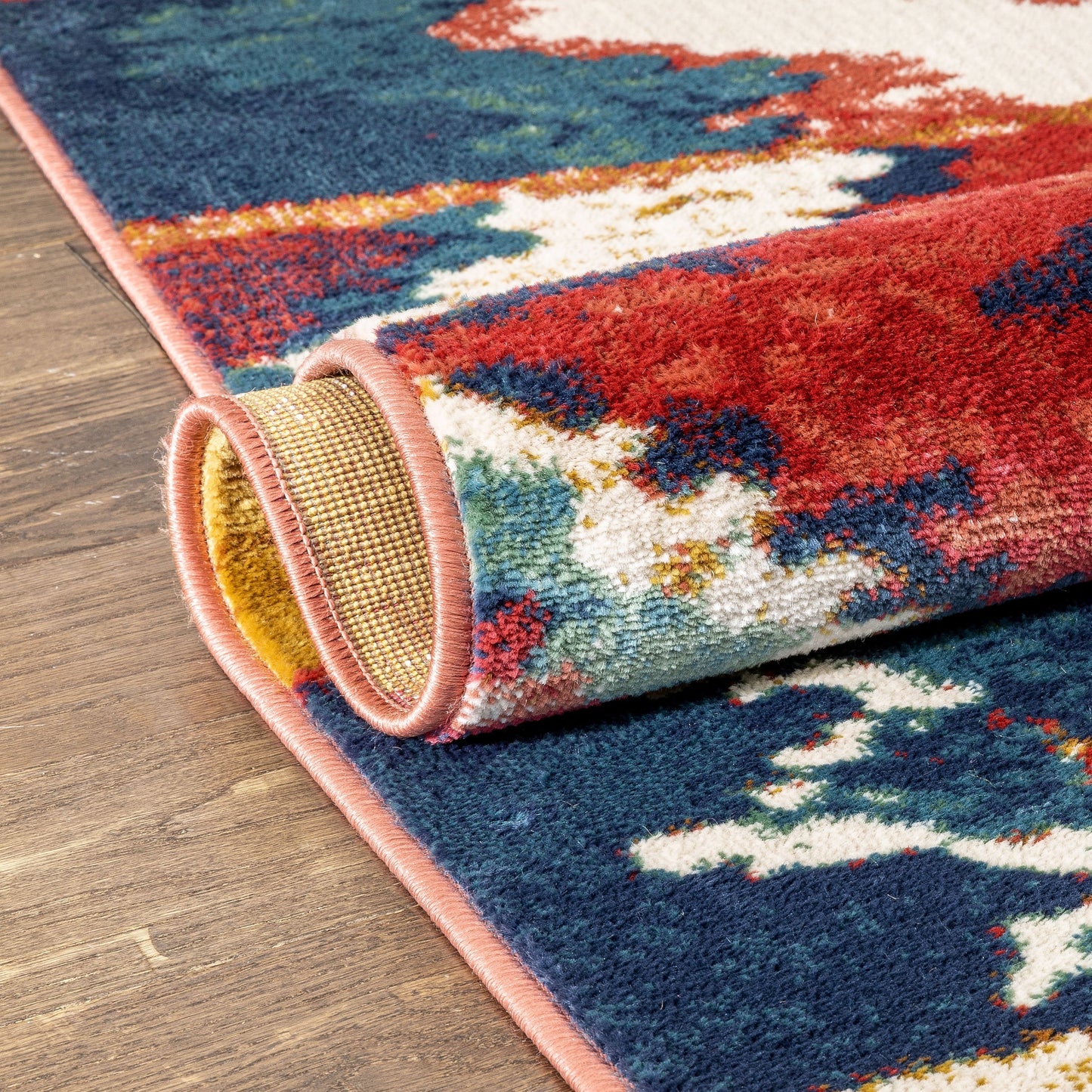 Basalt Moroccan Geometric Waves Blue Red Distressed Rug TU-344