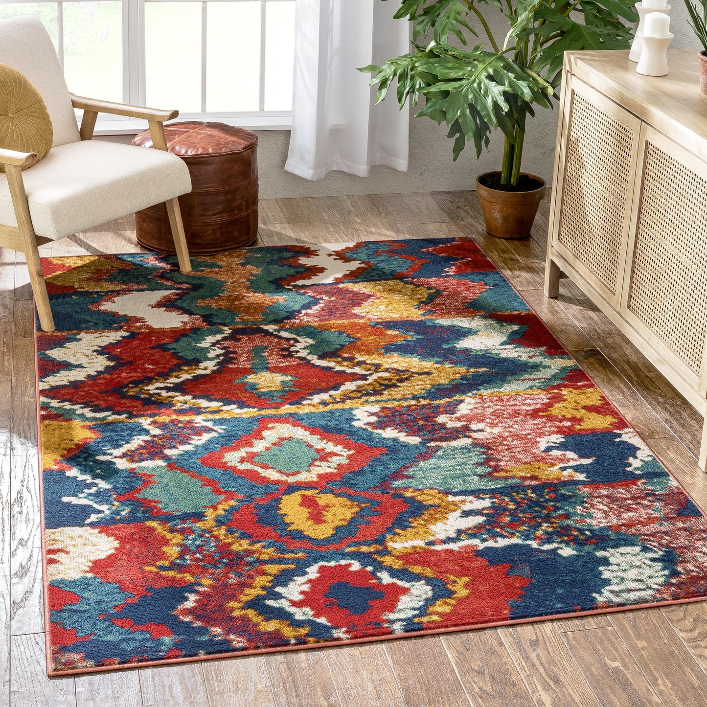 Basalt Moroccan Geometric Waves Blue Red Distressed Rug TU-344