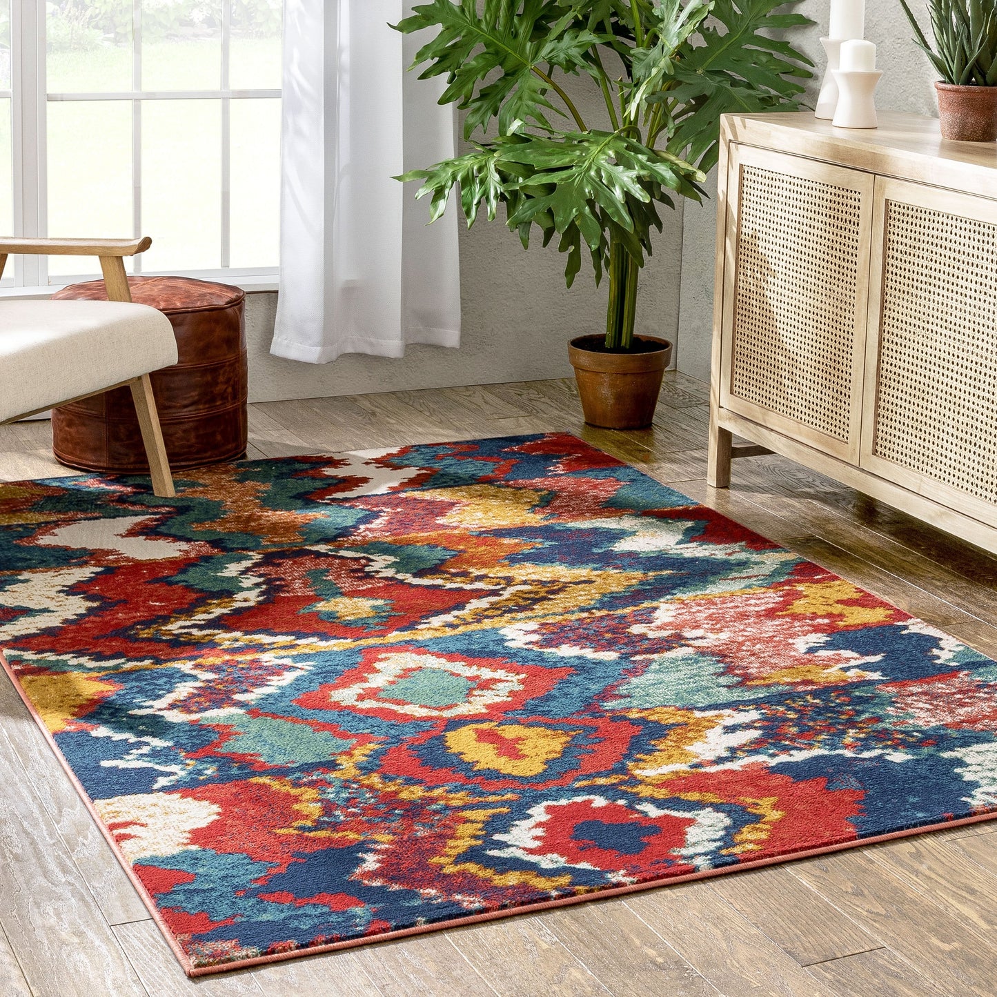 Basalt Moroccan Geometric Waves Blue Red Distressed Rug TU-344